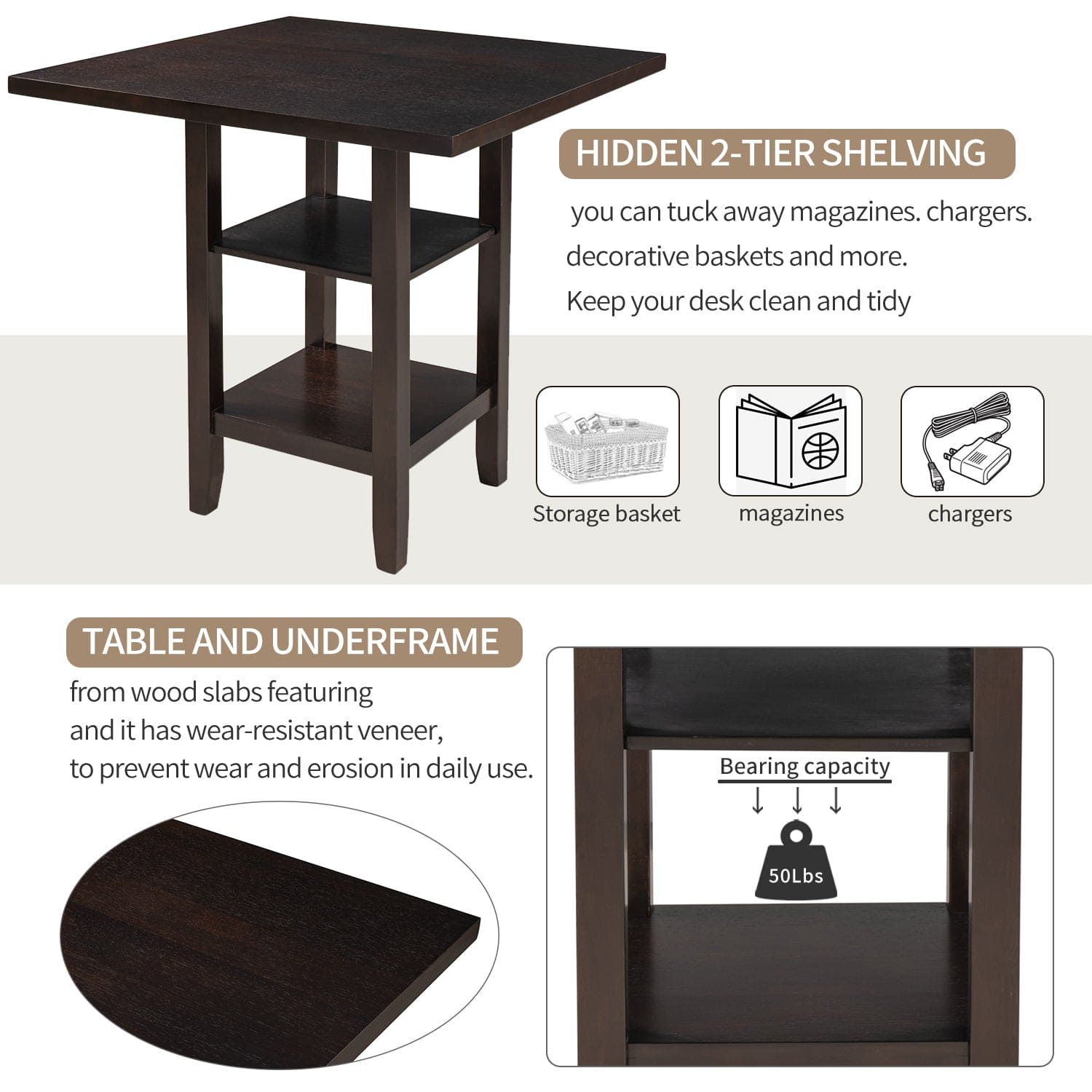 TREXM 5-Piece Wooden Counter Height Dining Set with Padded Chairs and Storage Shelving (Espresso)