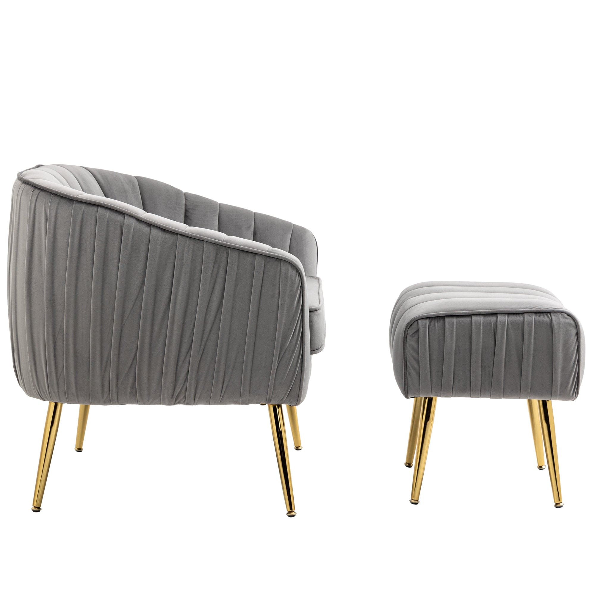 Velvet Accent Chair with Ottoman, Modern Tufted Barrel Chair Ottoman Set for Living Room Bedroom, Golden Finished, Grey