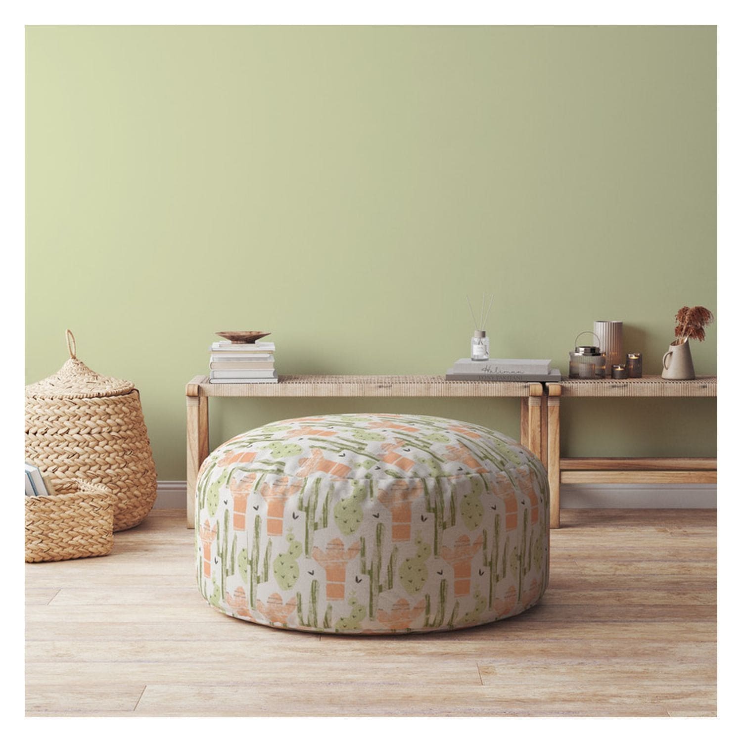 Indoor CACTI Mexico Peach Round Zipper Pouf - Stuffed - Extra Beads Included! - 24in dia x 20in tall