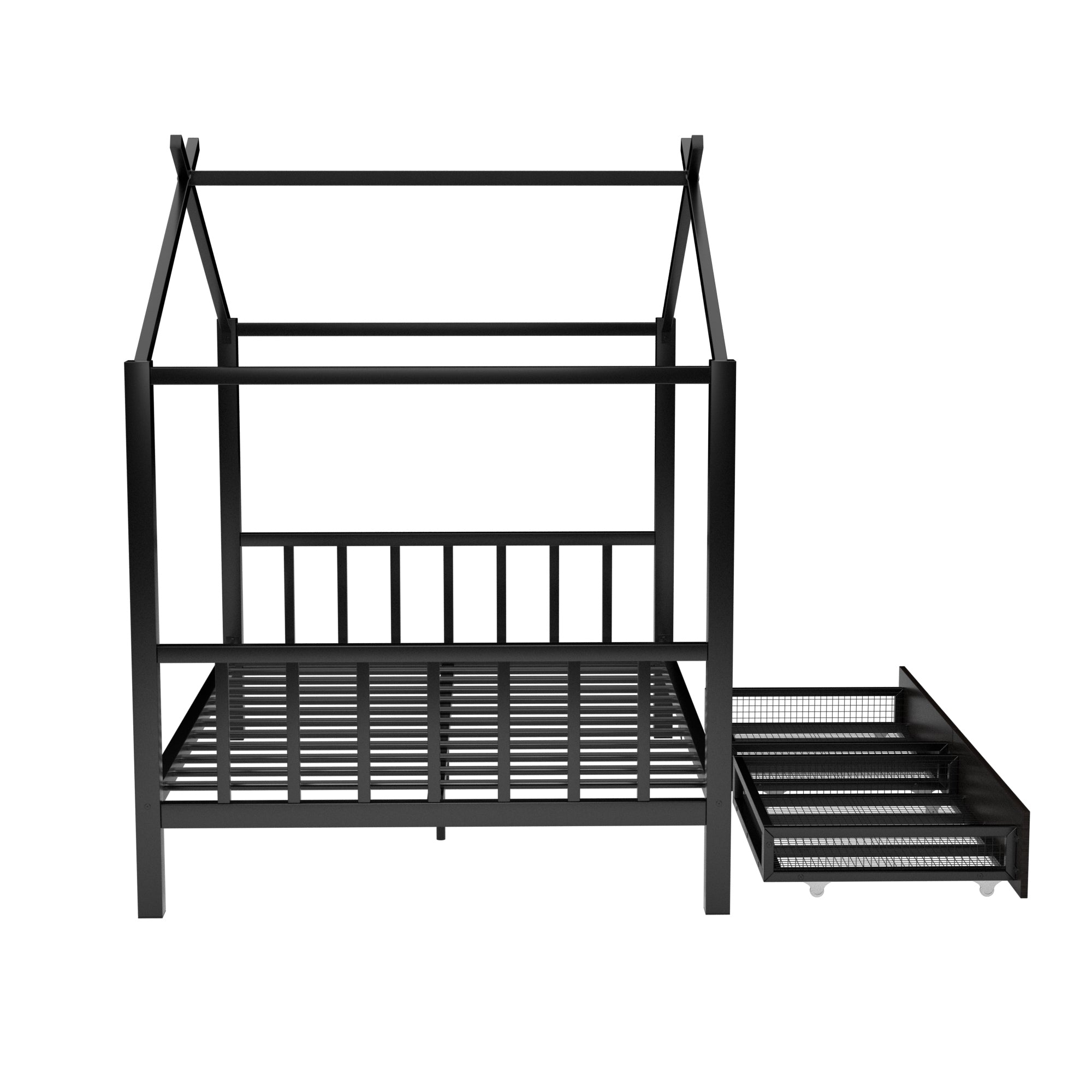 Full Size Metal House Platform Bed with Two Drawers,Headboard and Footboard,Roof Design,Black