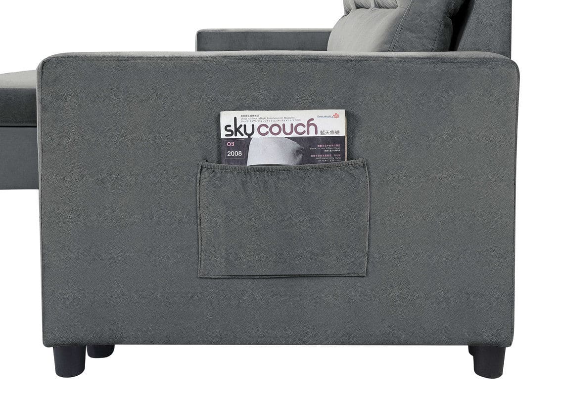 Ivy Dark Gray Velvet Reversible Sleeper Sectional Sofa with Storage Chaise and Side Pocket