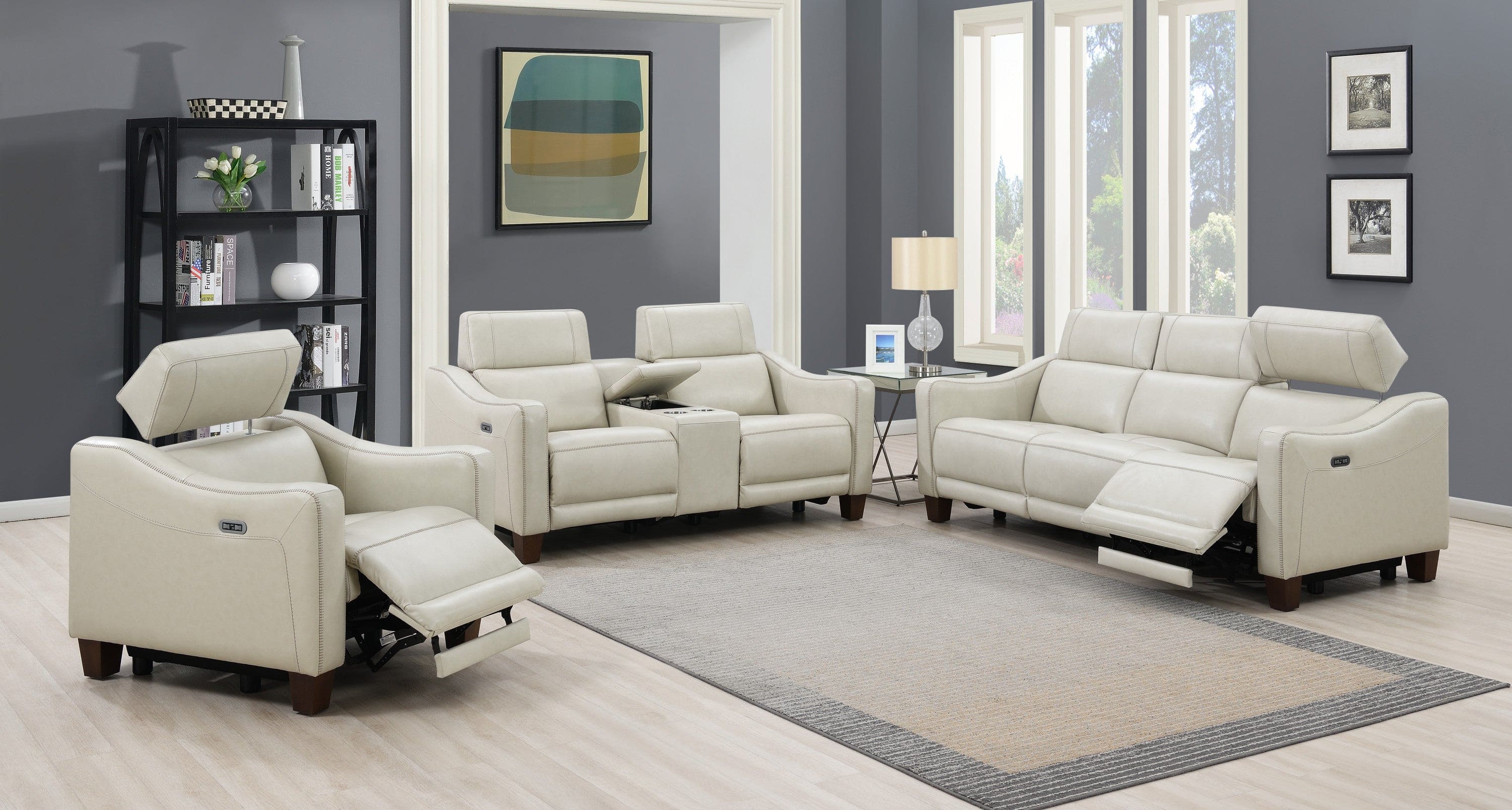 Transitional Dual-Power Leather Reclining Sofa - Wall-Saver Mechanism, Top Grain Leather - Ivory Color, Stylish Design