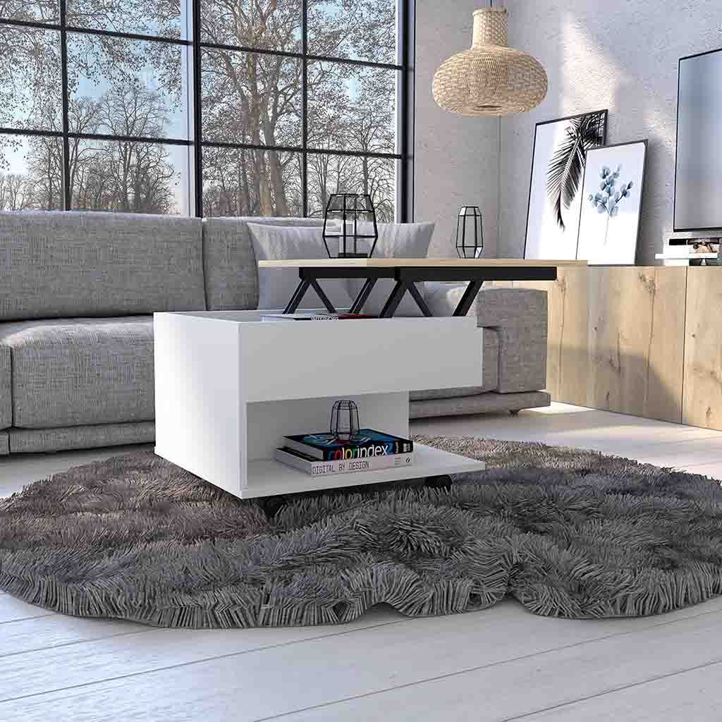 Lift Top Coffee Table Mercuri, Casters, White / Light Oak Finish