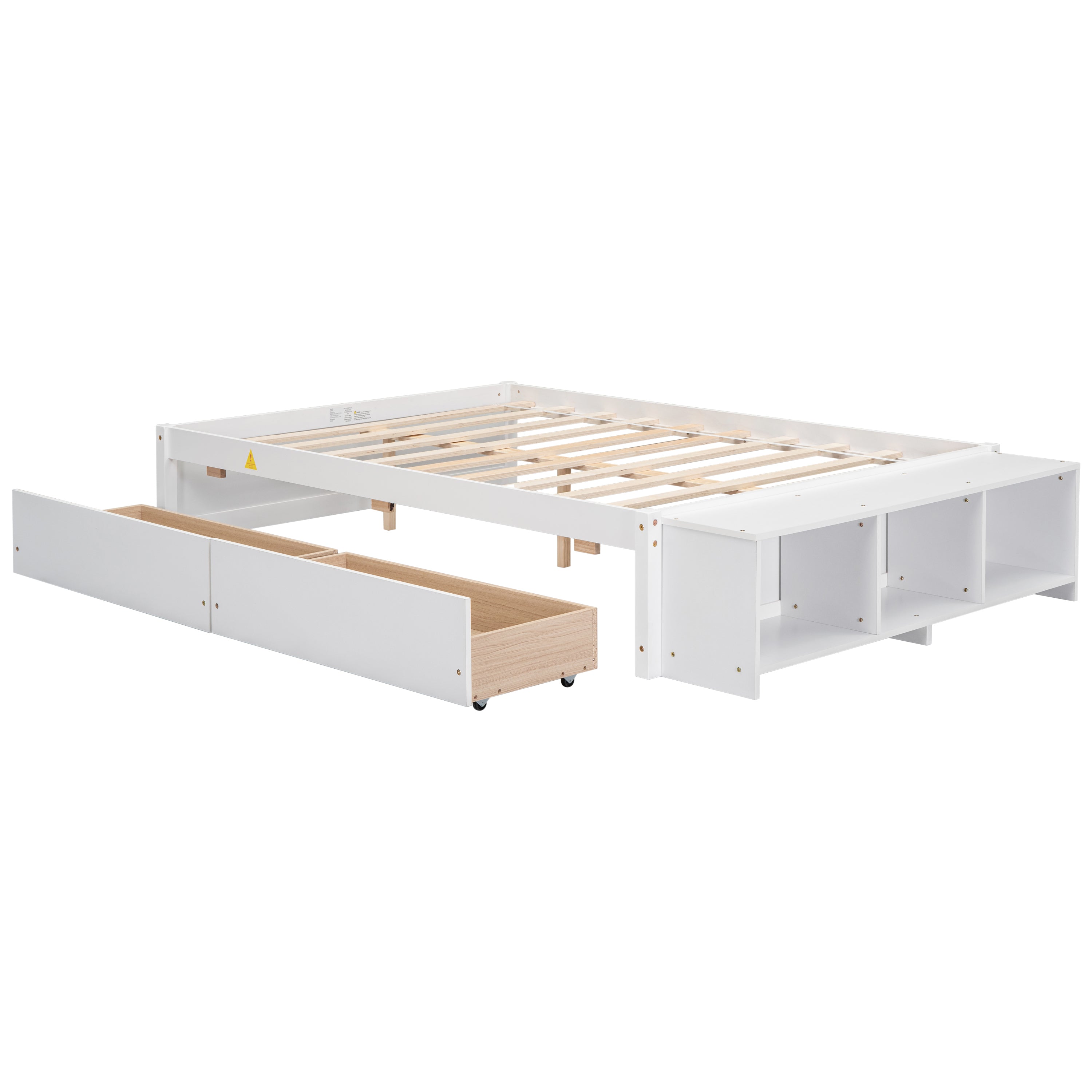 Full Size Bed with Storage Case, 2 Storage drawers, Lengthwise Support Slat,White