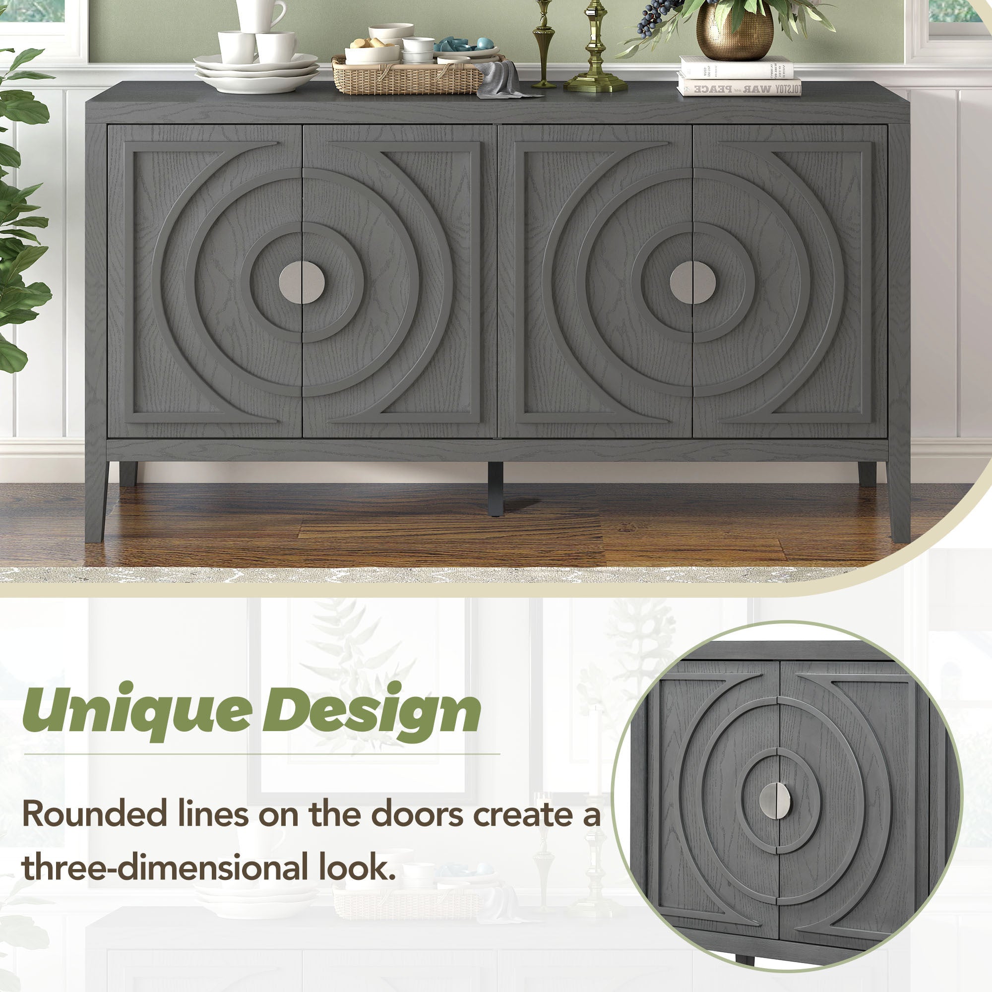 TREXM Retro Sideboarddoor with Circular Groove Design Round Metal Door Handle for Entrance, Dinning Room, Living Room (Gray)