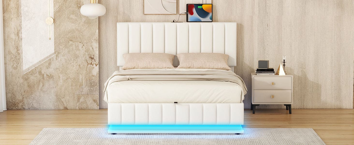 Full Size Upholstered Bed with Hydraulic Storage System and LED Light, Modern Platform Bed with Sockets and USB Ports, White