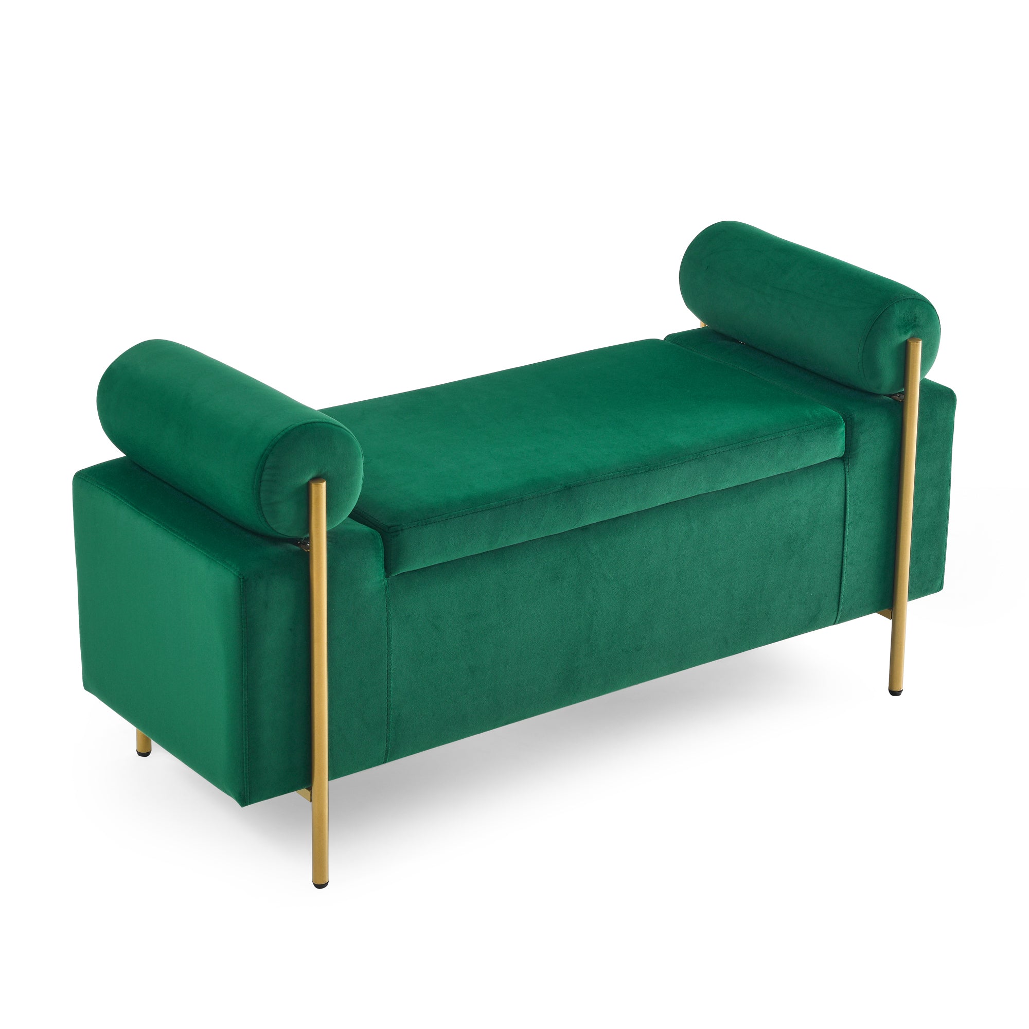 Elegant Upholstered Velvet Storage Bench with Cylindrical Arms and Iron Legs for Hallway Living Room Bedroom, Green