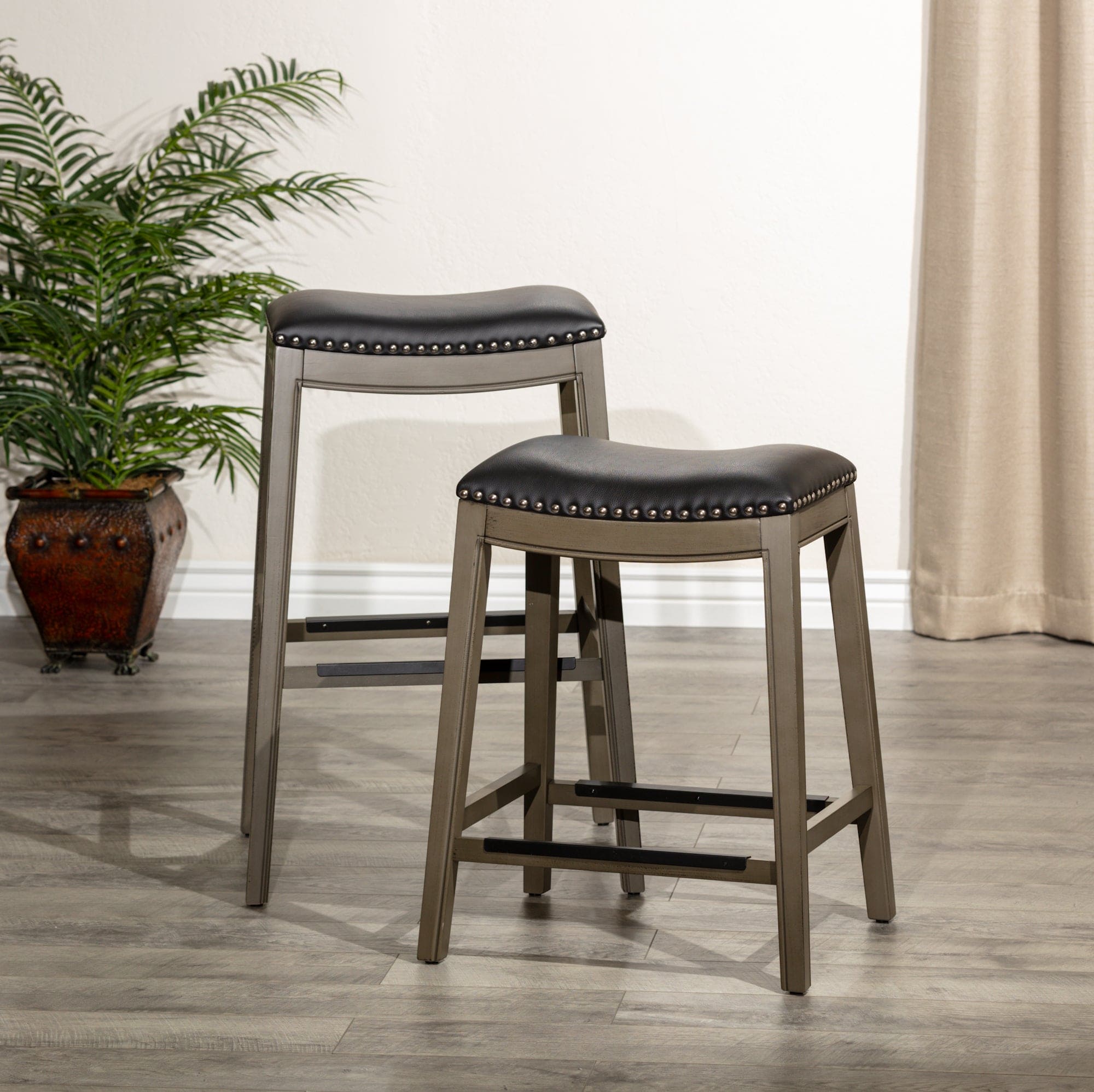 30" Bar Height Saddle Stool, Weathered Gray Finish, Black Leather Seat