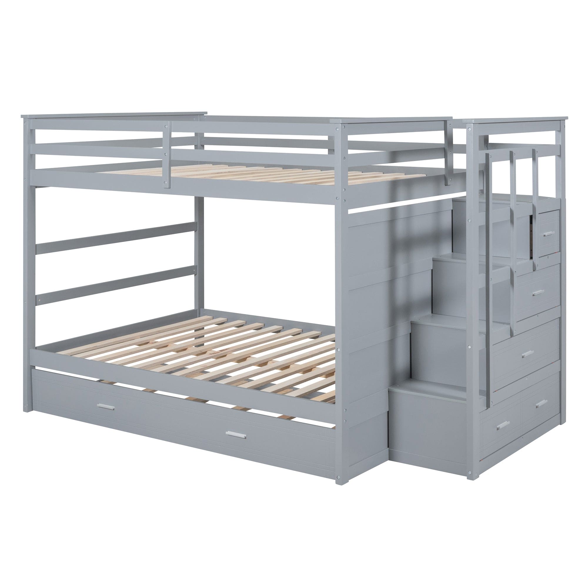 Full Over Full Bunk Bed with Twin Size Trundle and Staircase, Gray