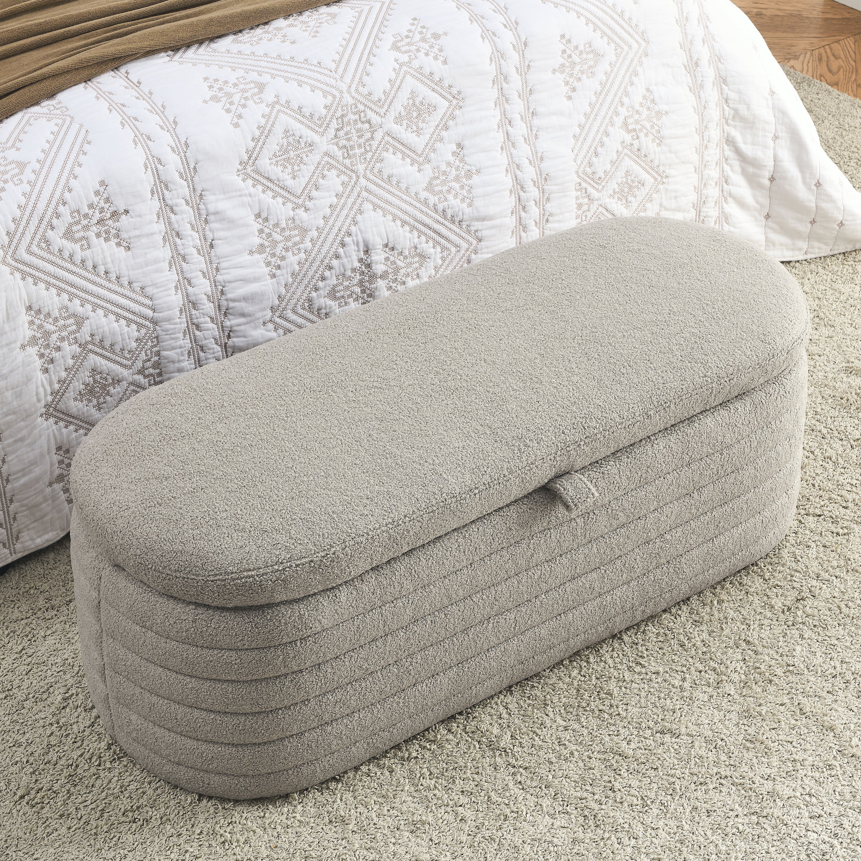 [Video] Welike Length 45.5 inchesStorage Ottoman Bench Upholstered Fabric Storage Bench End of Bed Stool with Safety Hinge for Bedroom, Living Room, Entryway, Grey teddy.