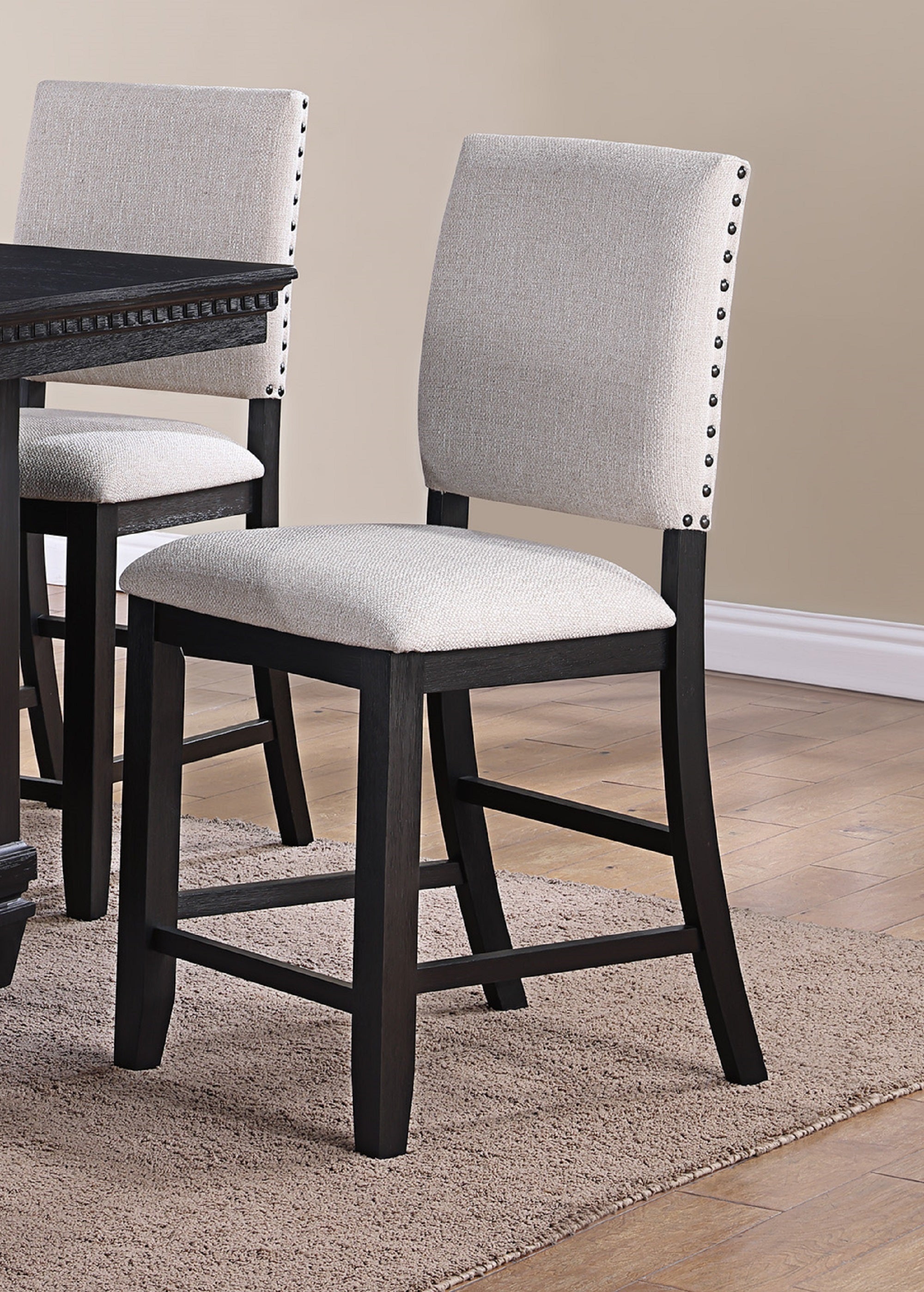 Transitional Relaxed Vintage Style 2pc Warm Charcoal Black Finish Nailhead Trim Counter Height Chairs Standard Height Dining Chairs Gray Fabric Upholstery