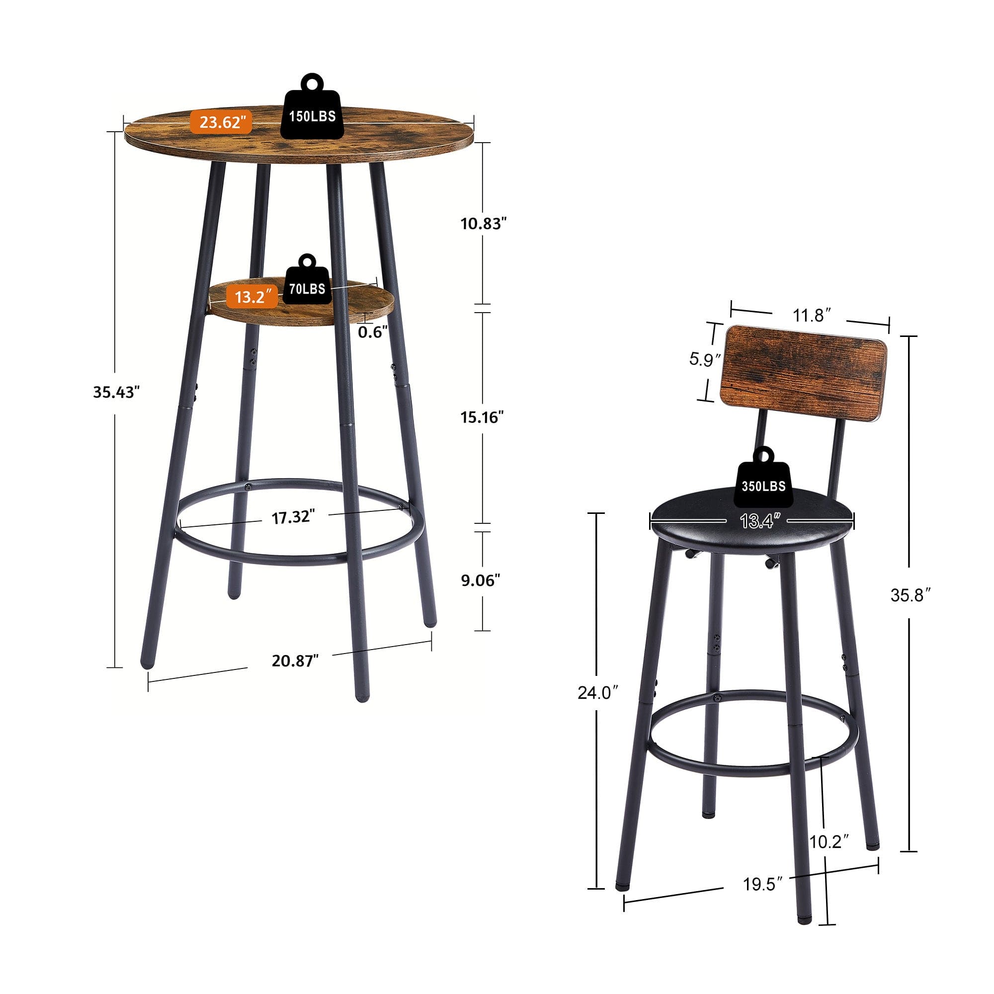 Round bar stool set with shelf, upholstered stool with backrest, Rustic Brown, 23.62'' W x 23.62'' D x 35.43'' H