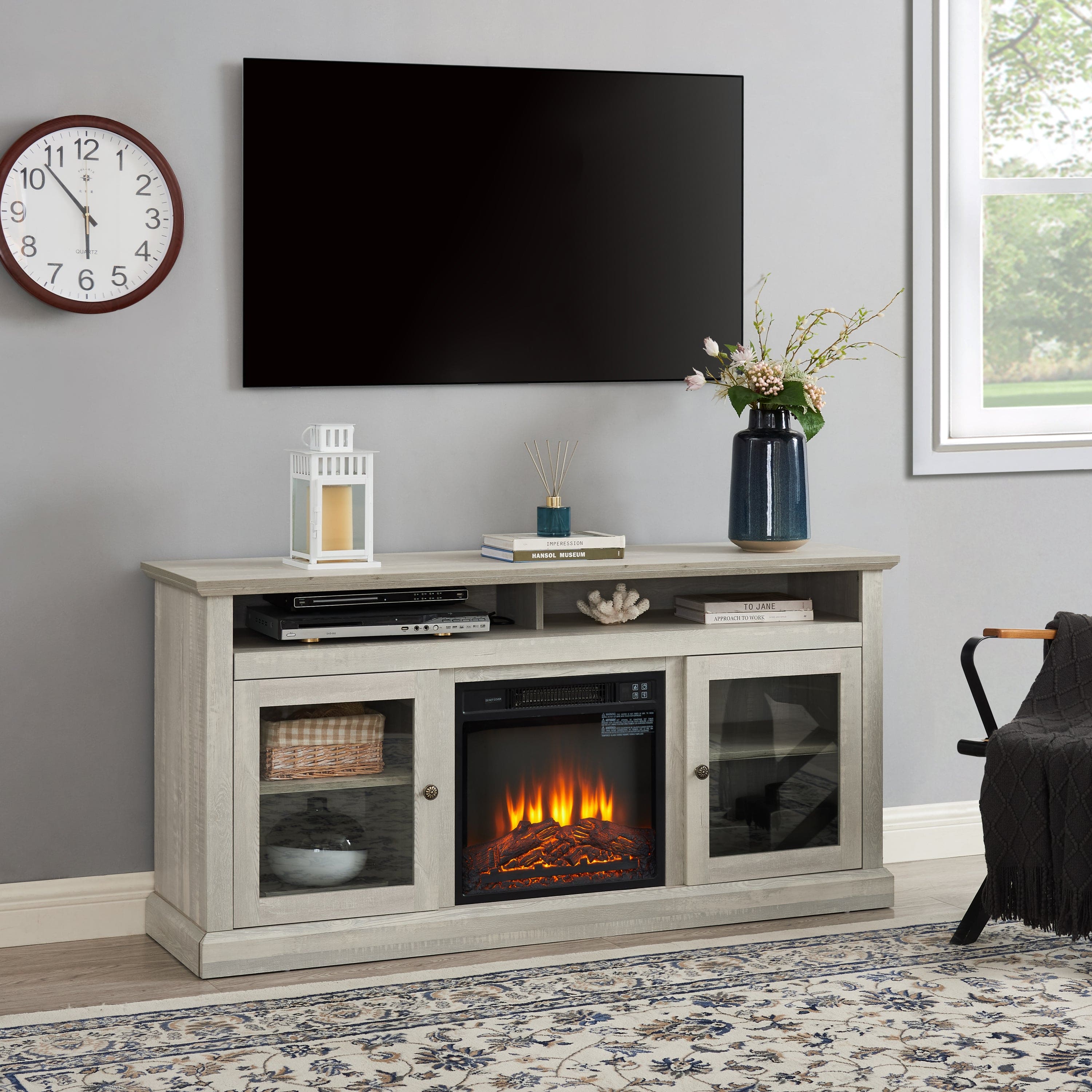 Contemporary TV Media Stand Modern Entertainment Console with 18" Fireplace Insert for TV Up to 65" with Open and Closed Storage Space, Stone Gray, 60"W*15.75"D*29"H