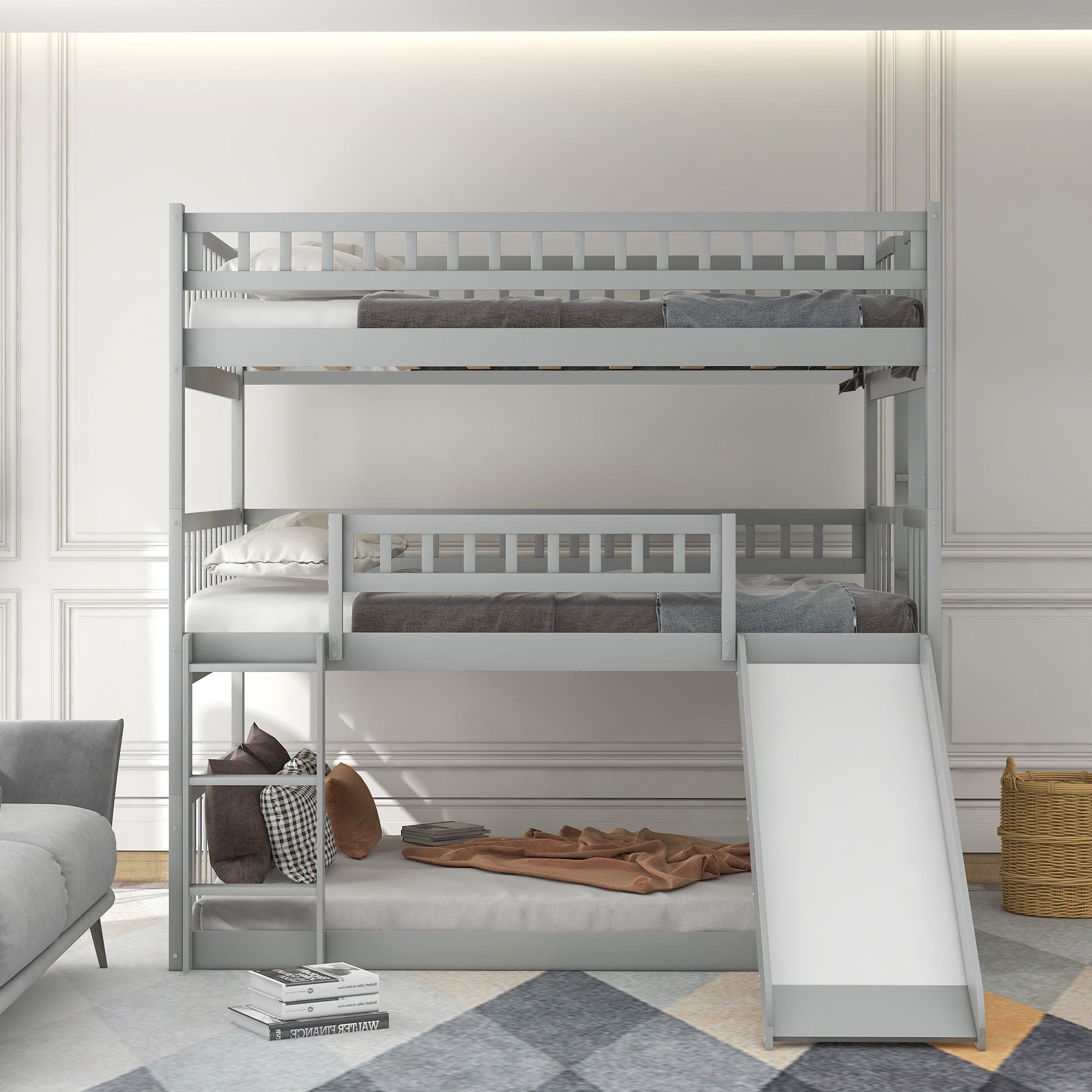 Full-Over-Full-Over-Full Triple Bed with Built-in Ladder and Slide , Triple Bunk Bed with Guardrails, Gray(OLD SKU :LP000052AAE)