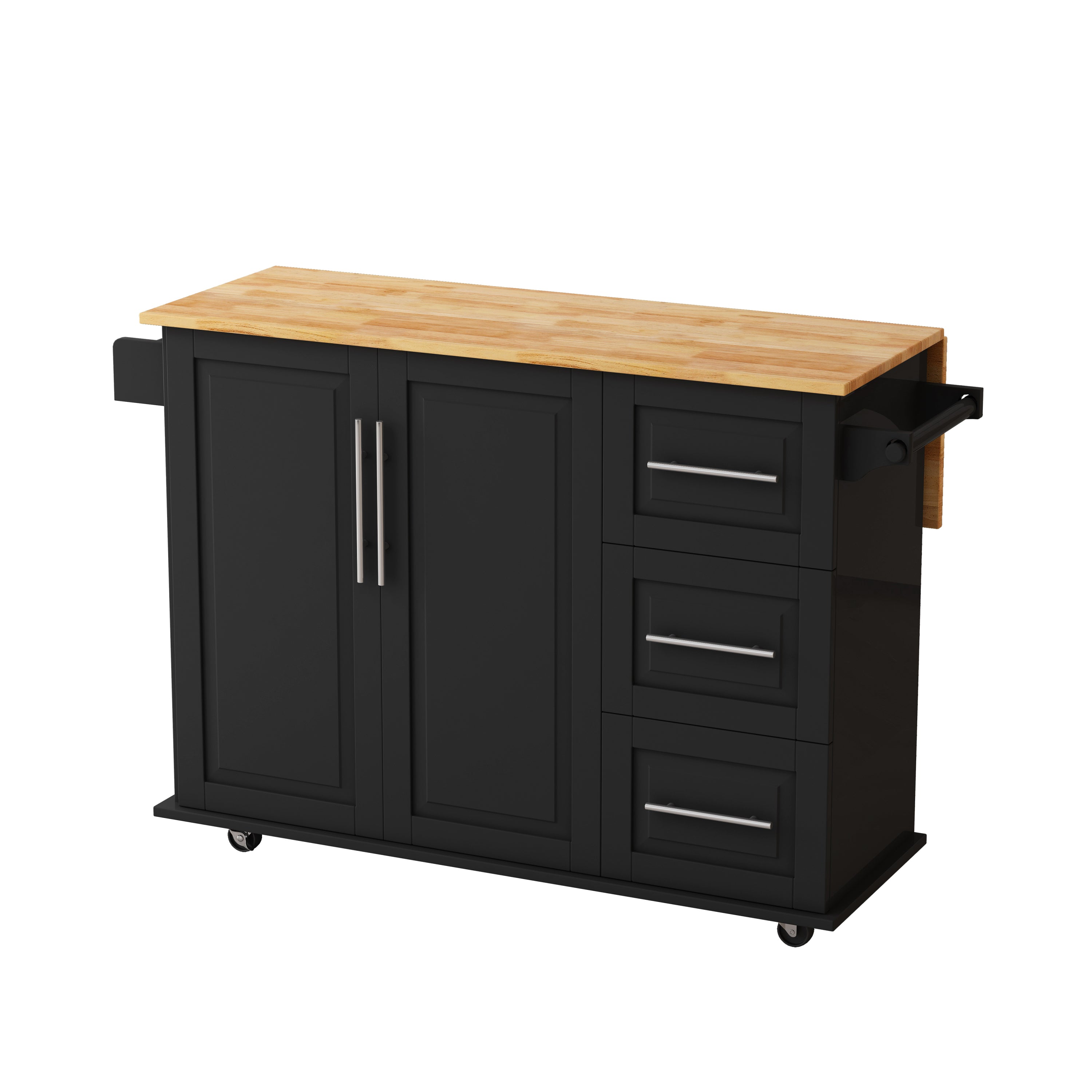 Kitchen Island Cart with 2 Door Cabinet and Three Drawers,43.31 Inch Width with Spice Rack, Towel Rack (Black)