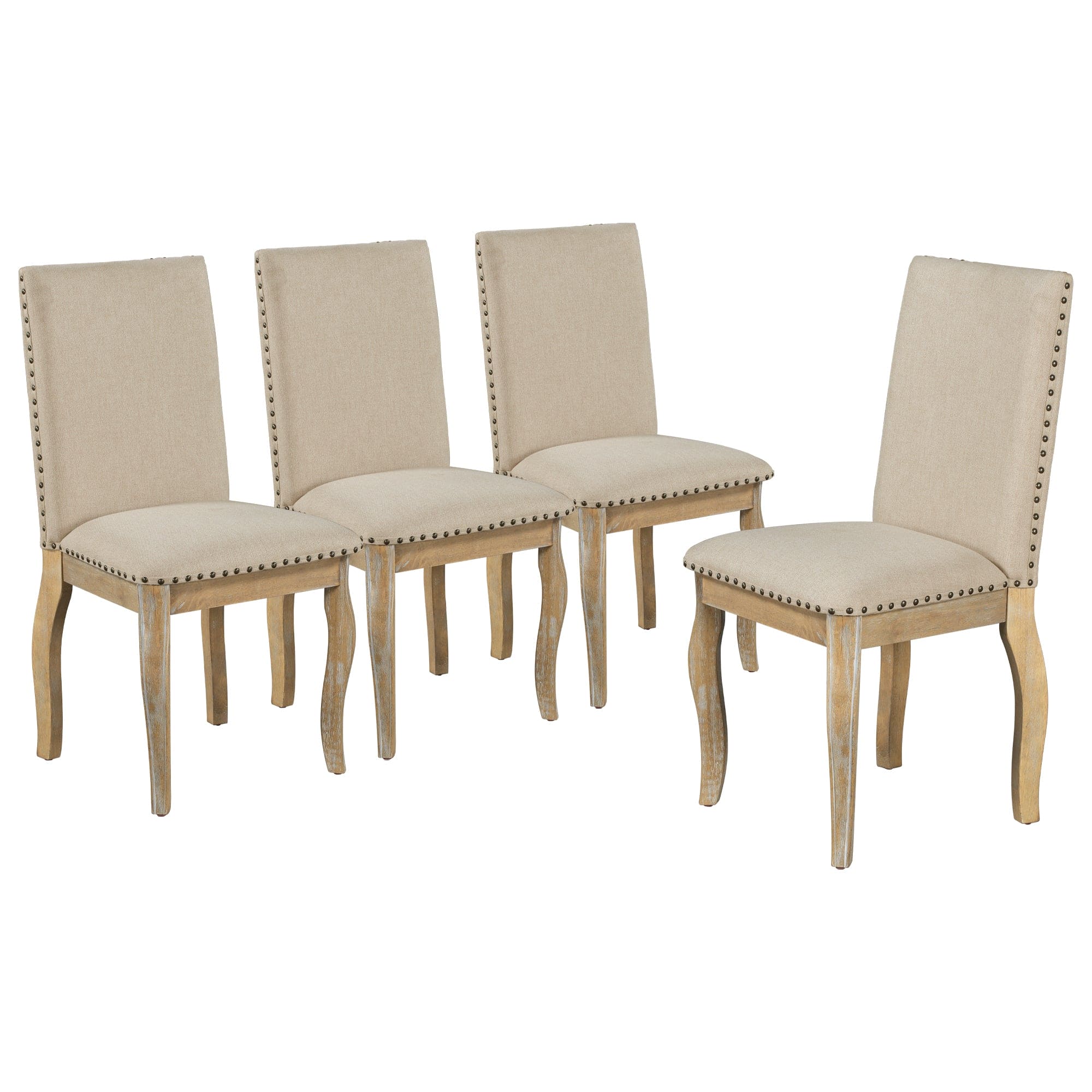 TREXM Set of 4 Dining chairs Wood Upholstered Fabirc Dining Room Chairs with Nailhead (Natural Wood Wash)