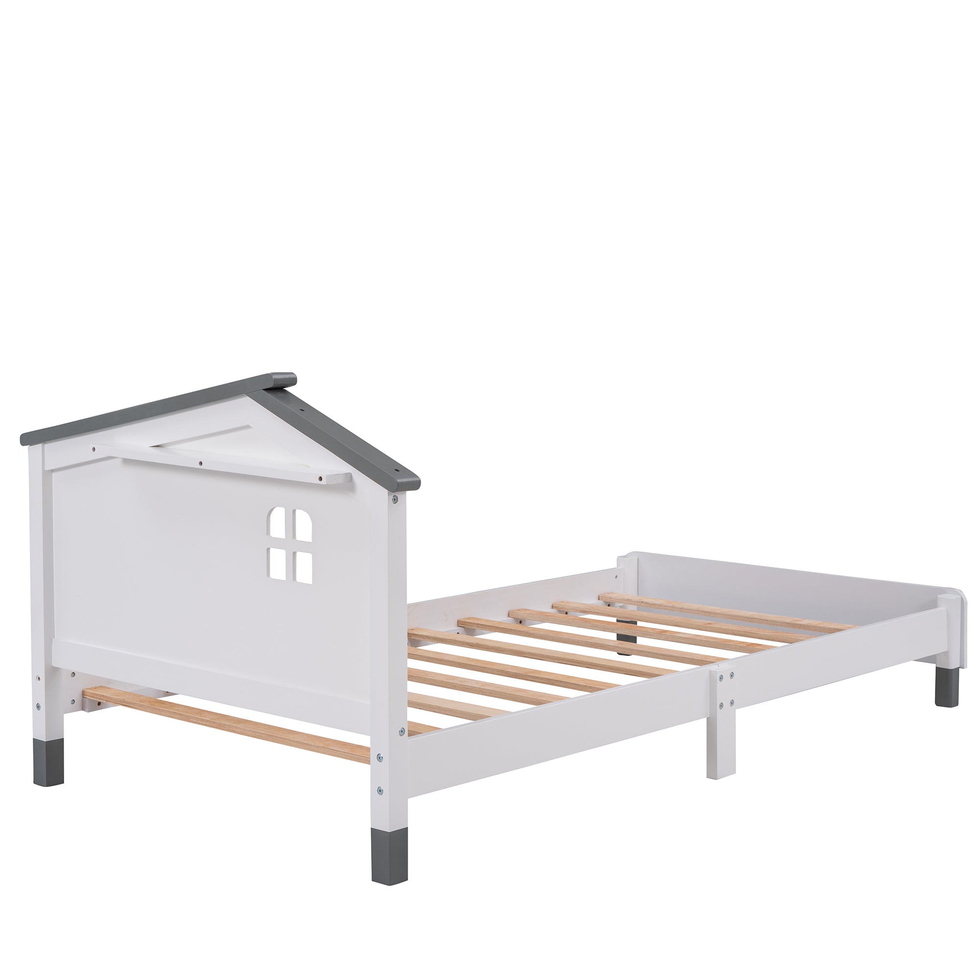 Twin Size Wood Platform Bed with House-shaped Headboard  (White+Gray)