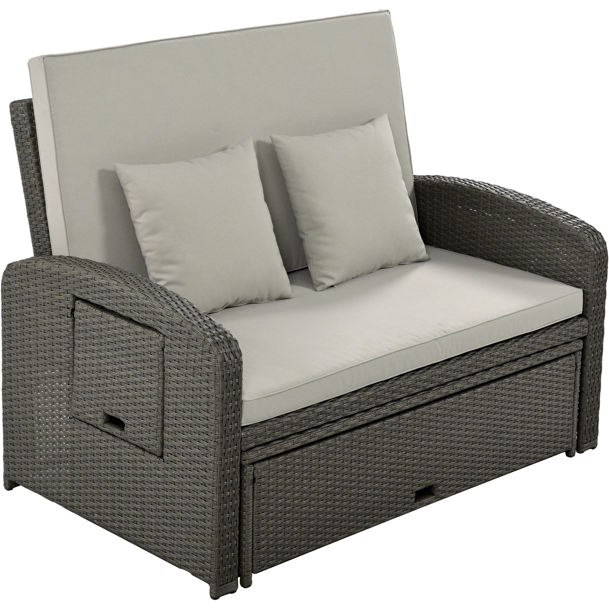 TOPMAX PE Wicker Rattan Double Chaise Lounge, 2-Person Reclining Daybed with Adjustable Back and Cushions, Free Furniture Protection Cover,Gray