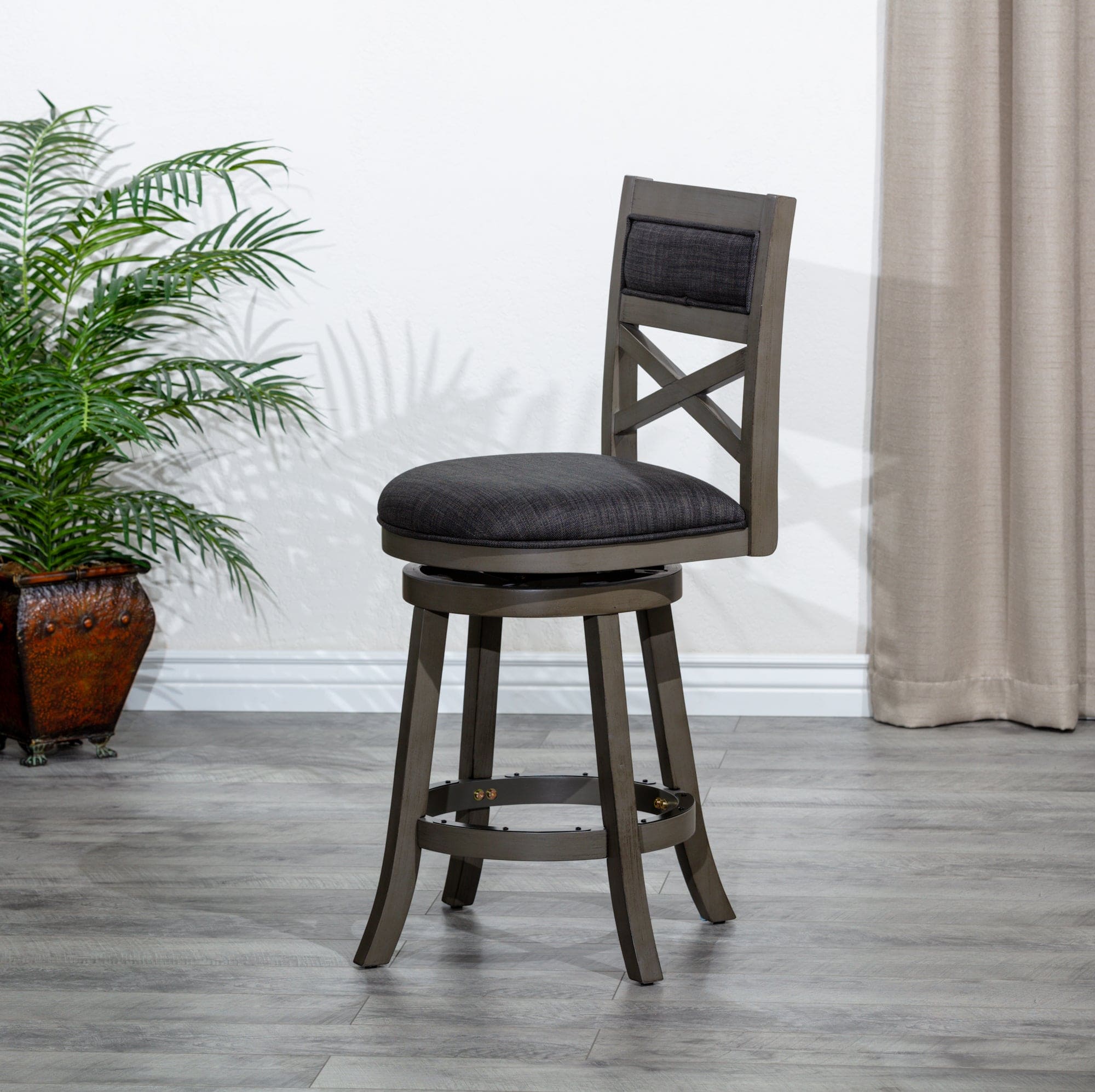 24" Counter Height X-Back Swivel Stool, Weathered Gray Finish, Charcoal Fabric Seat