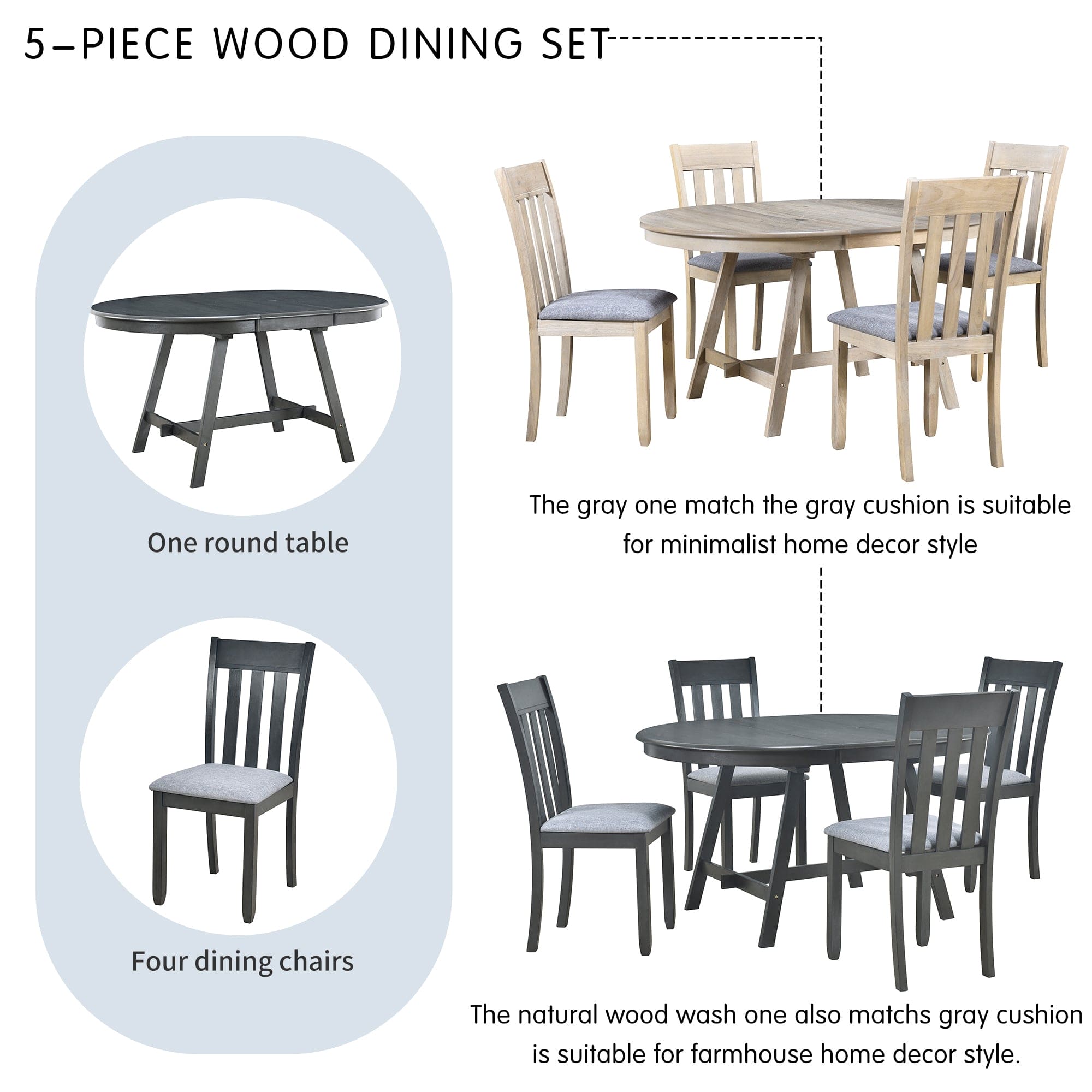 TREXM 5-Piece Wood Dining Table Set Round Extendable Dining Table with 4 Dining Chairs, Dining Room Table Set for 4 person for Dining Room (Gray)