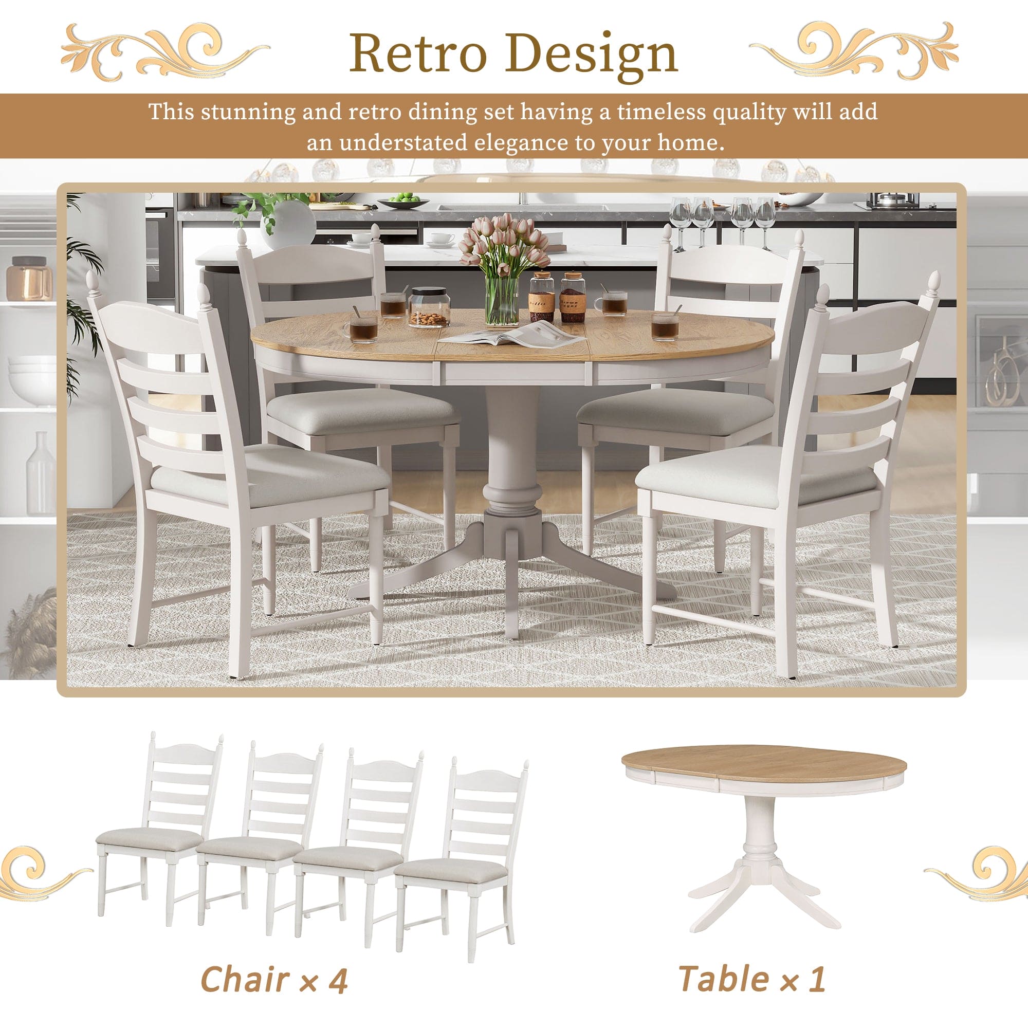 TREXM 5-Piece Retro Functional Dining Table Set Wood Round Extendable Dining Table and 4 Upholstered Dining Chairs (Off White)