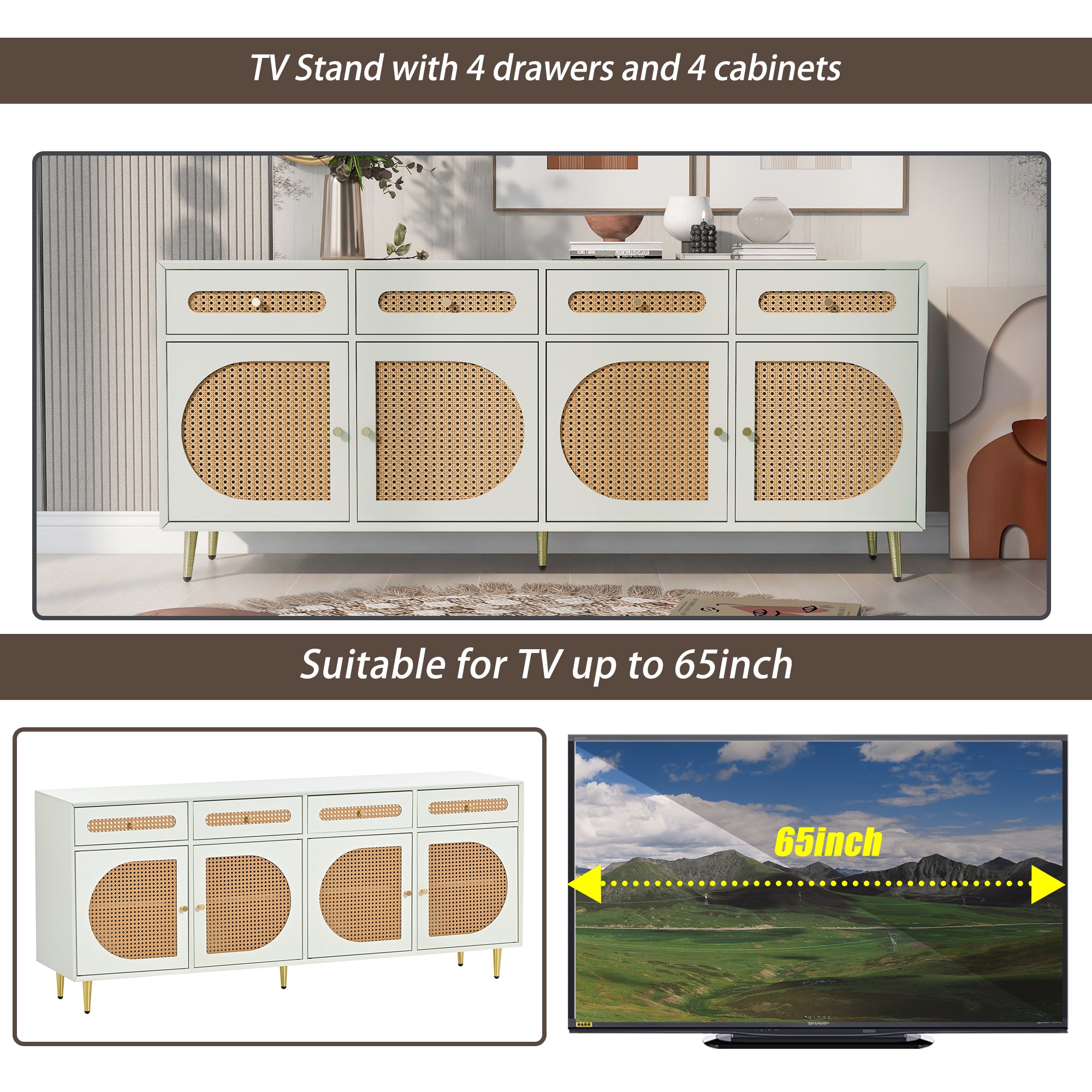 U-Can TV Stand with Rattan Door,Woven Media Console Table with Adjustable Shelves for TVs up to 65",Storage Sideboard Cabinet for Living Room