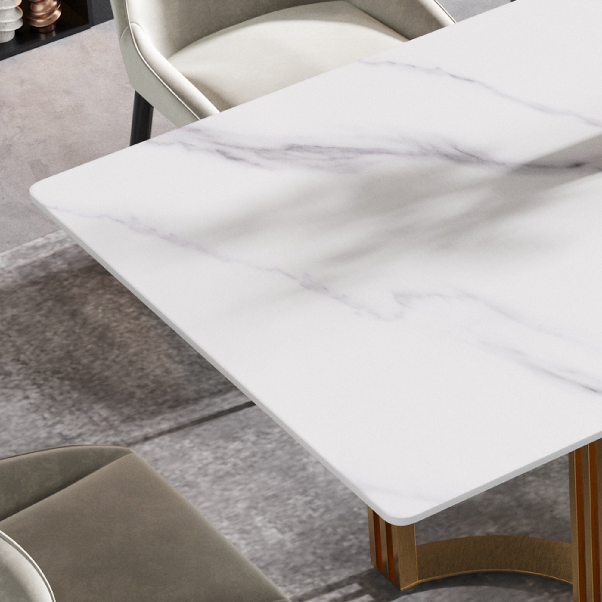 70.87" modern artificial stone white straight edge golden metal leg dining table-can accommodate 6-8 people