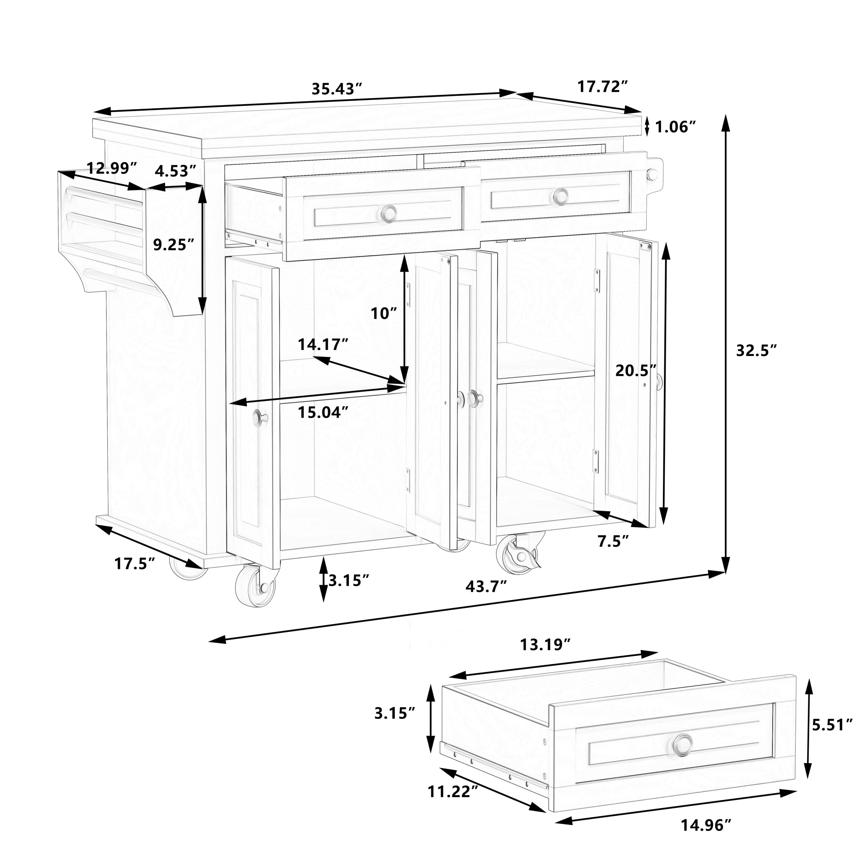 Kitchen Island Cart with Two Storage Cabinets and Two Locking Wheels,43.31 Inch Width,4 Door Cabinet and Two Drawers,Spice Rack, Towel Rack(Black)