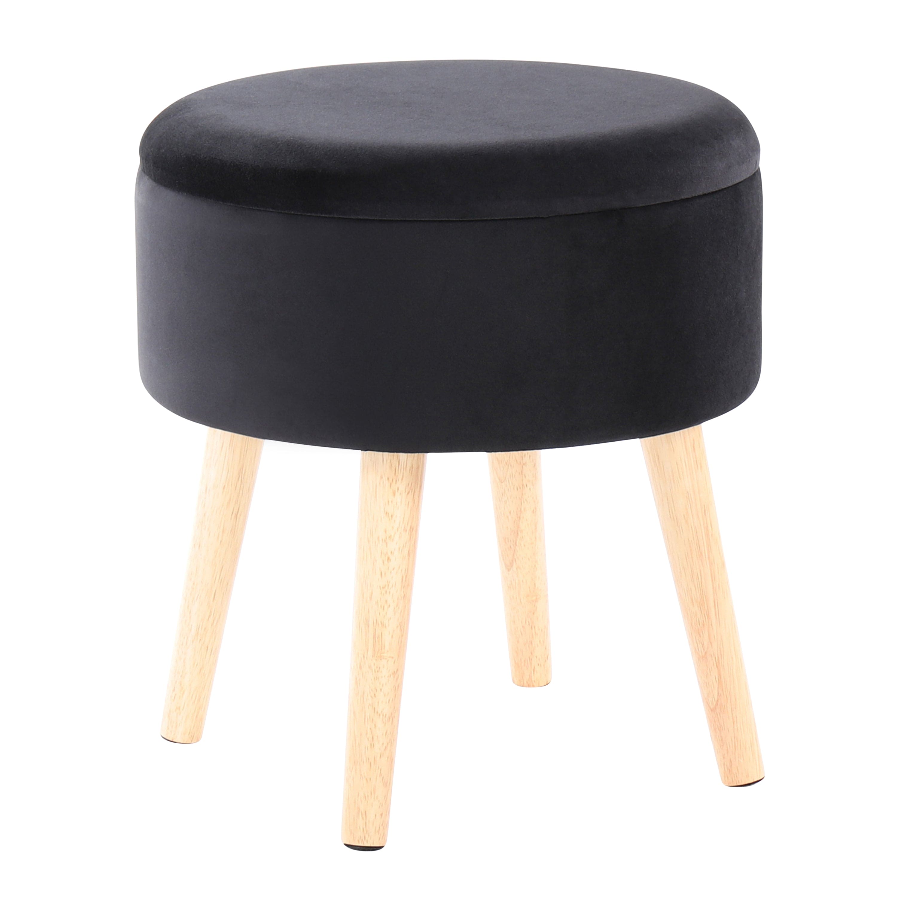 Tray Contemporary Storage Ottoman with Matching Stool in Black Velvet and Natural Wood Legs by LumiSource