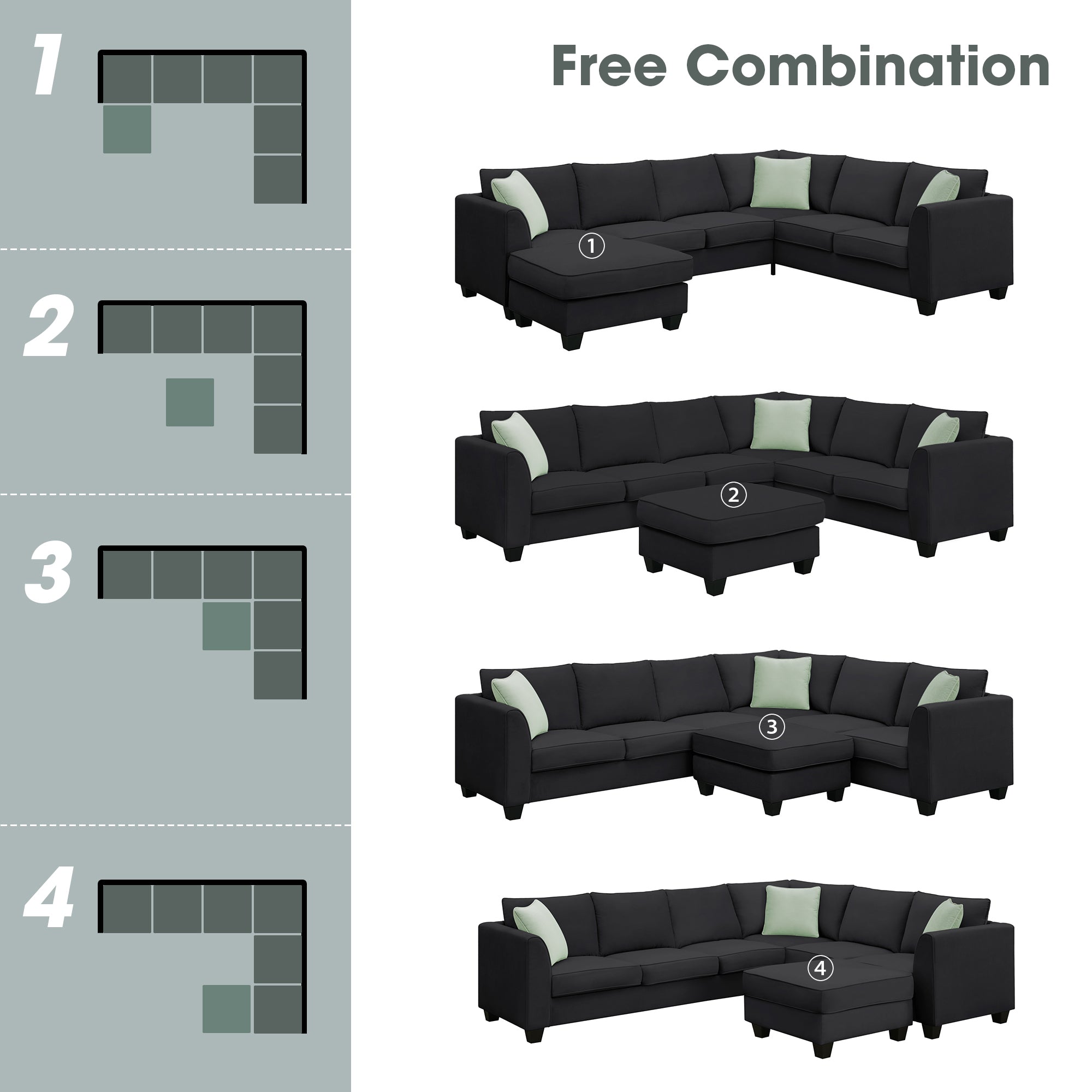 [VIDEO provided] 112*87" Sectional Sofa Couches Living Room Sets, 7 Seats Modular Sectional Sofa with Ottoman, L Shape Fabric Sofa Corner Couch Set with 3 Pillows, Black(New of GS008210AAB)