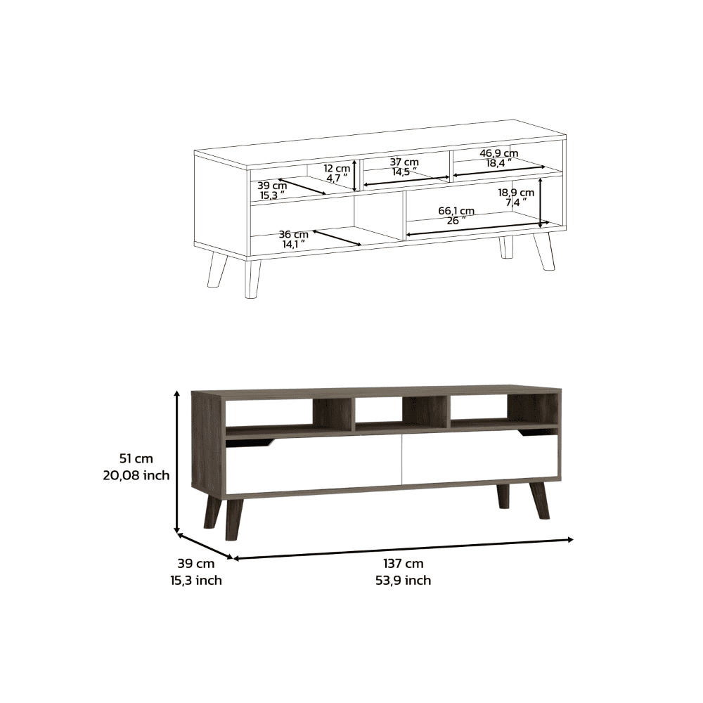 DEPOT E-SHOP Kobe Tv Stand for TV´s up 52", Three Open Shelves, Two Flexible Drawers, Dark Walnut / White