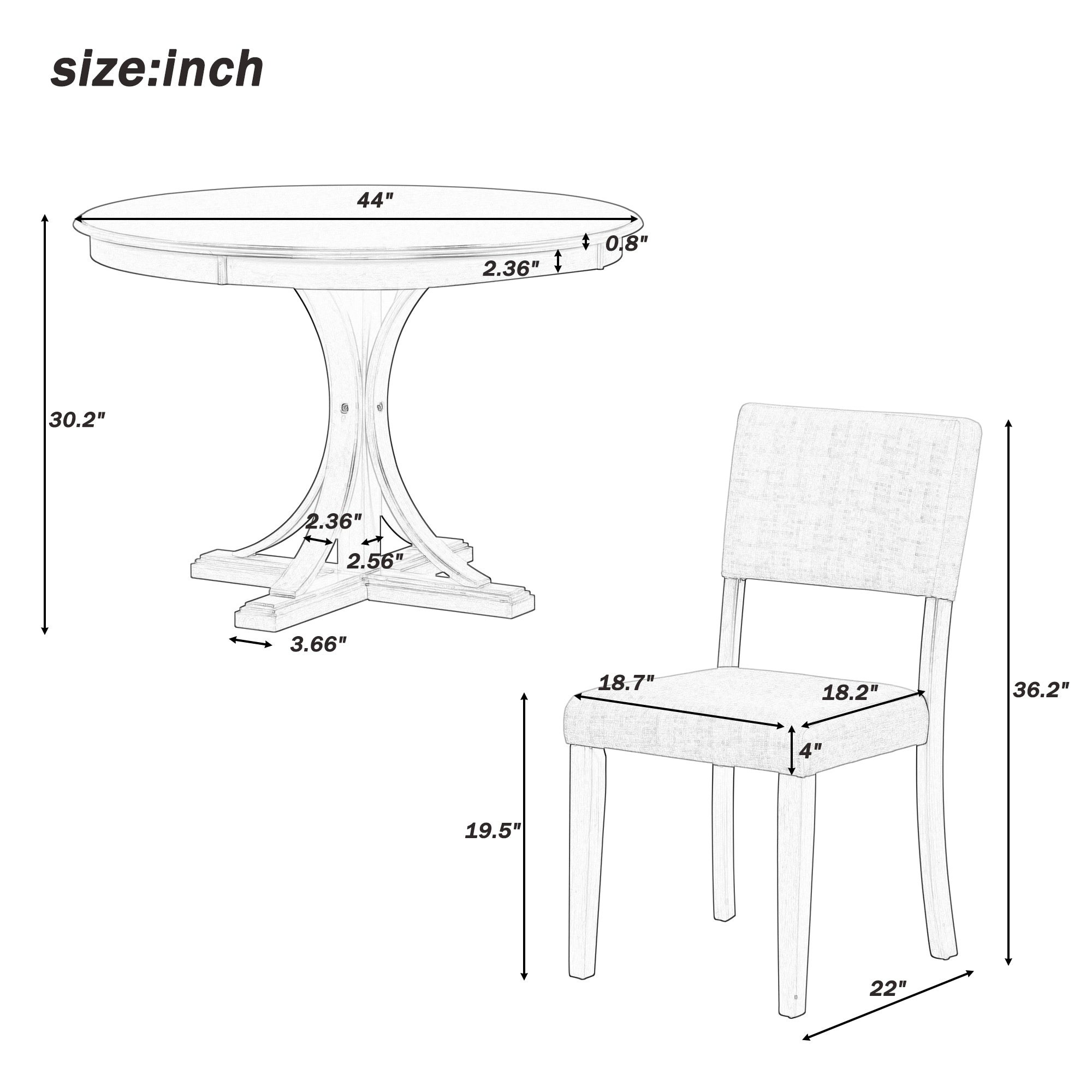 TREXM 5-Piece Retro Round Dining Table Set with Curved Trestle Style Table Legs and 4 Upholstered Chairs for Dining Room (Taupe)