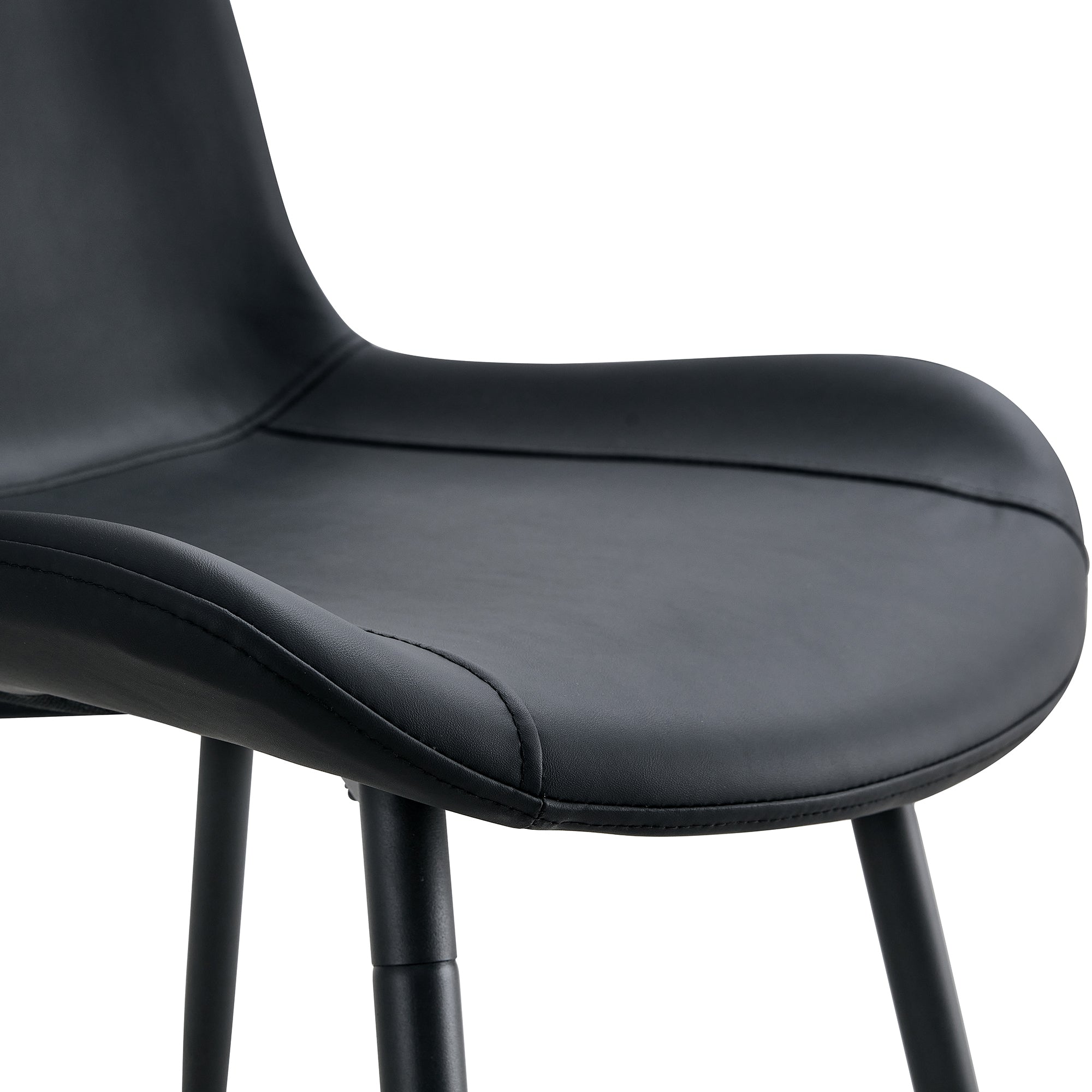 Black artificial leather backrest cushion dining chair, black metal legs, curved widened cushion design for more comfort, suitable for restaurants, kitchens, bedrooms, offices.(4 chairs)  0502