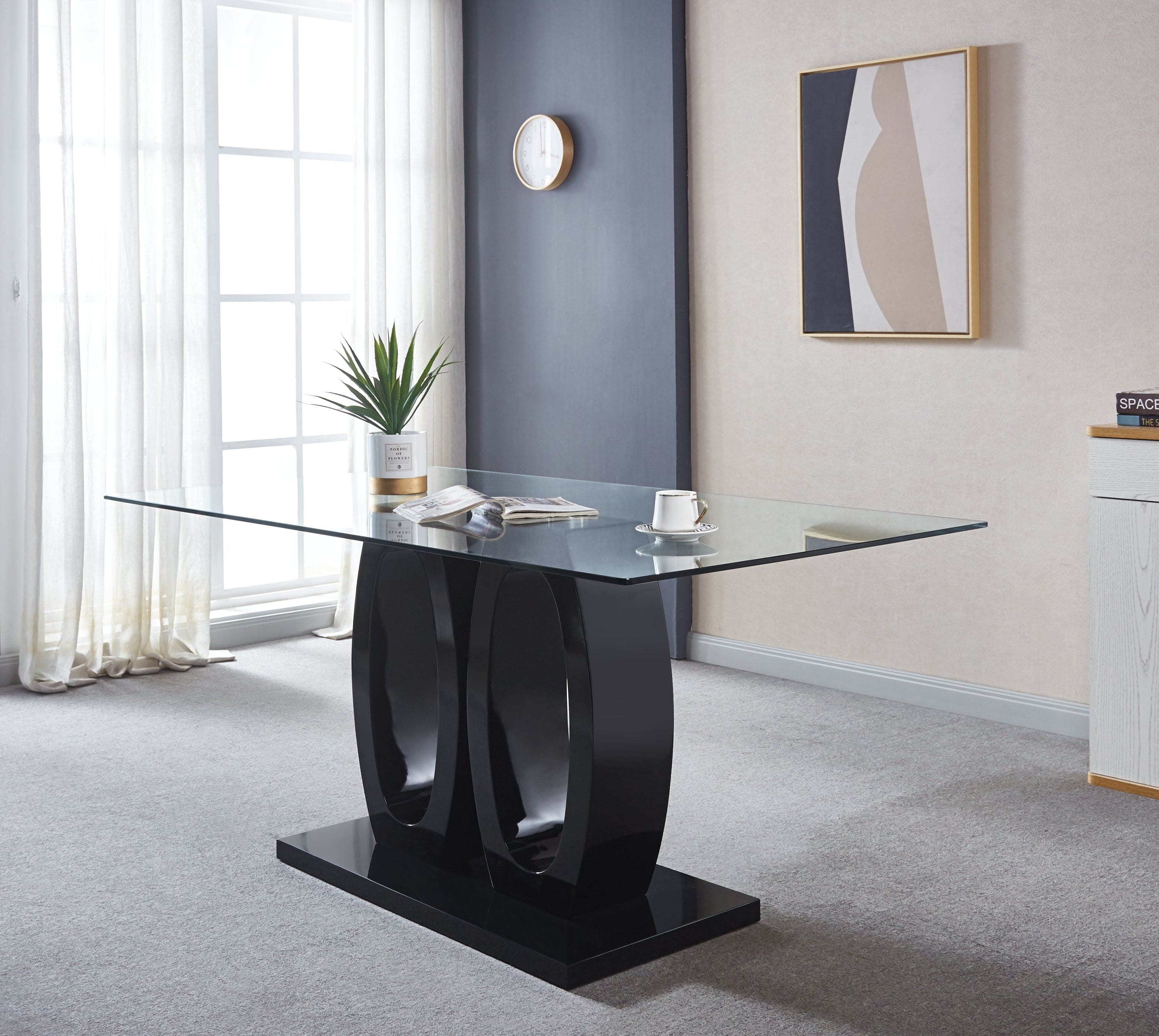 Contemporary Double Pedestal Dining Table, Tempered Glass Top with MDF Base