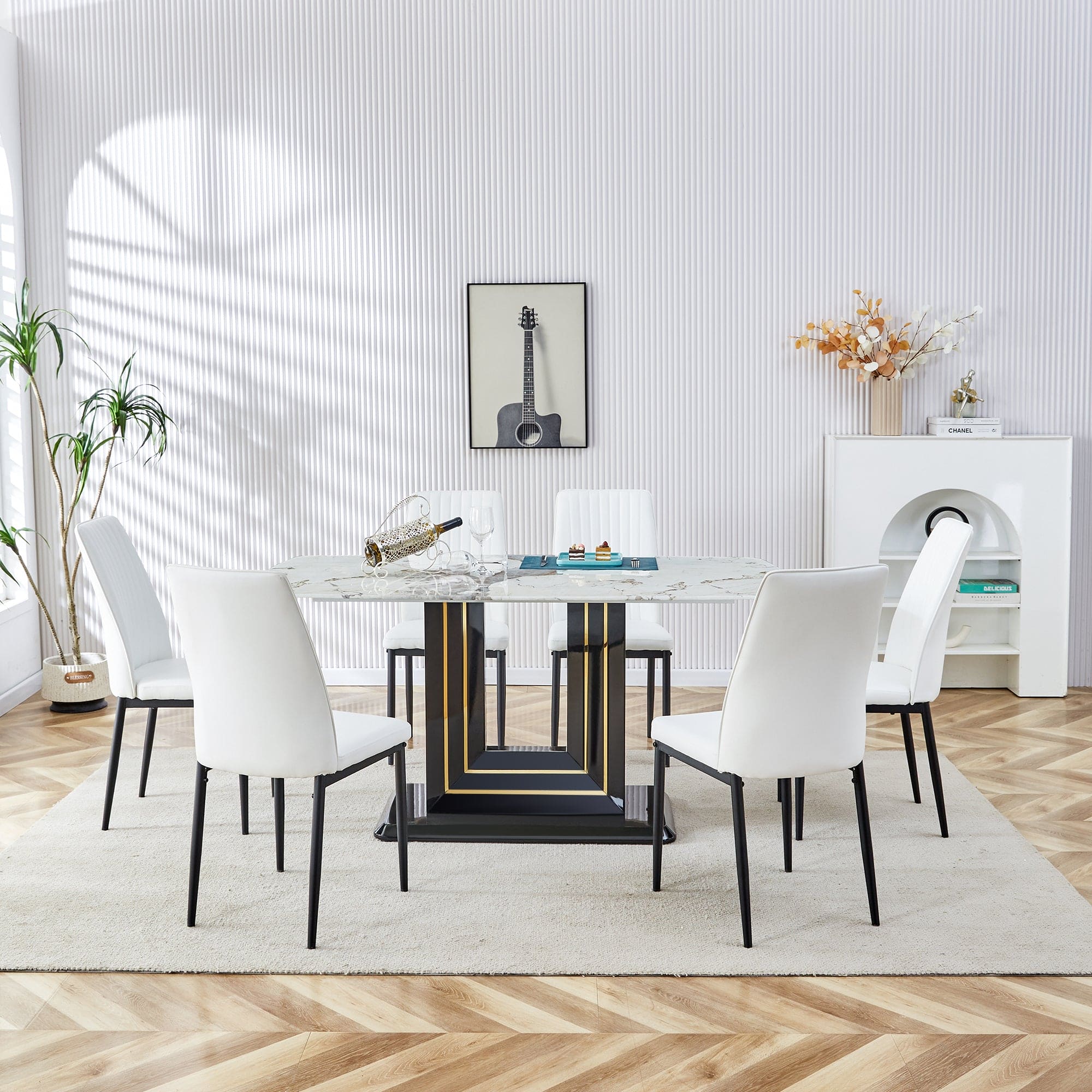 Faux Marble Dining Table Set, Glass Rectangular Kitchen Table for 6-8, Modern White Faux Marble Dining Room Table with MDF Base, Dining Table & 6 Chairs