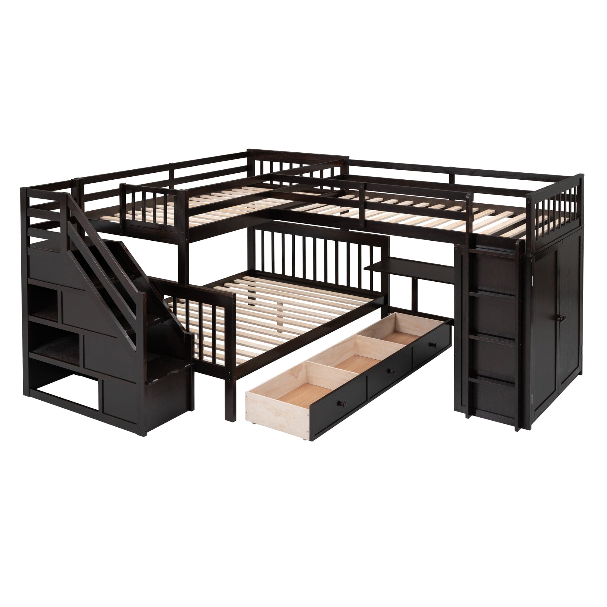 Twin-Twin over Full L-Shaped Bunk Bed With 3 Drawers, Portable Desk and Wardrobe, Espresso