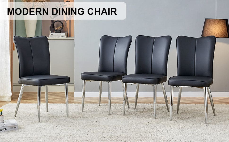 Modern minimalist dining chairs, black PU leather curved backrest and seat cushions, electroplated metal chair legs, suitable for restaurants, bedrooms, and living rooms. A set of 4 chairs.008