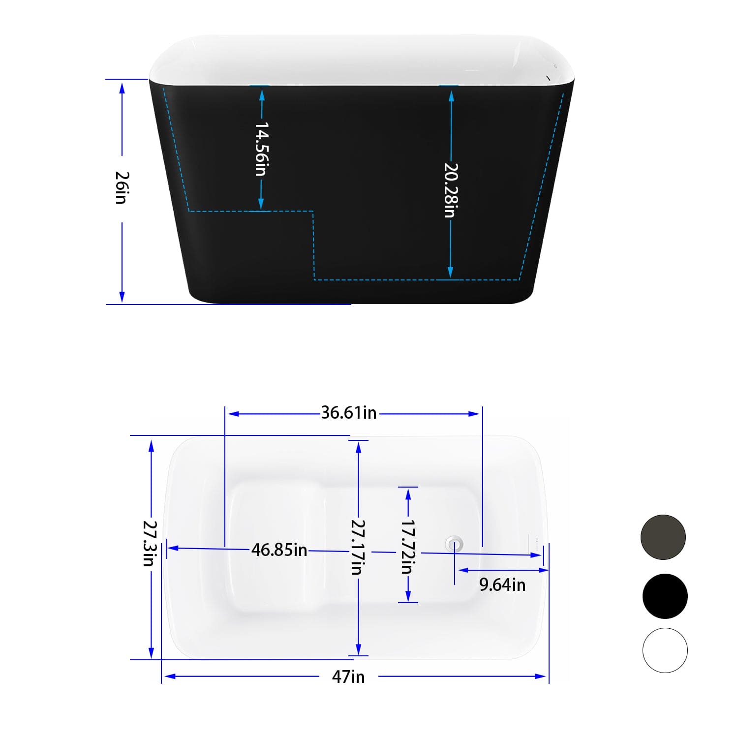 47" 100% Acrylic Freestanding Bathtub，Contemporary Soaking Tub，white inside black outside