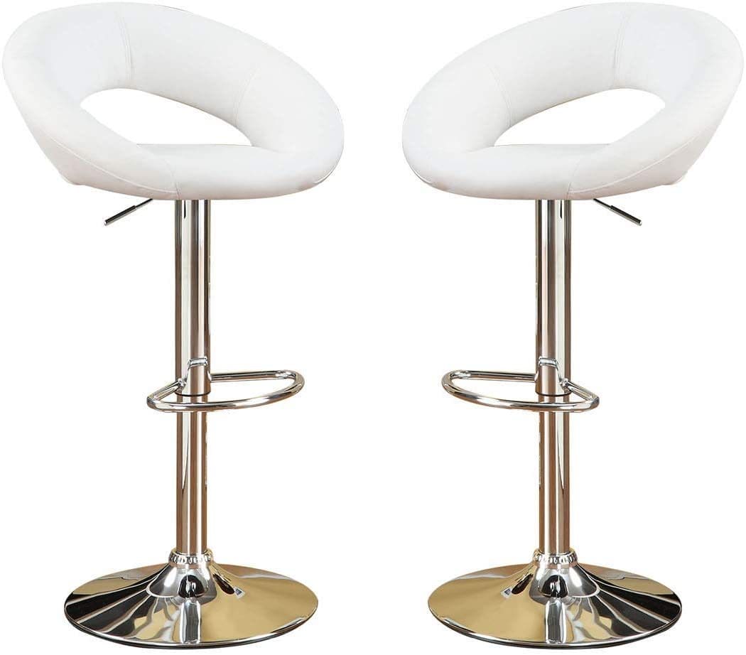 White Faux Leather Stool Adjustable Height Chairs Set of 2 Chair Swivel Design Chrome Base PVC Dining Furniture