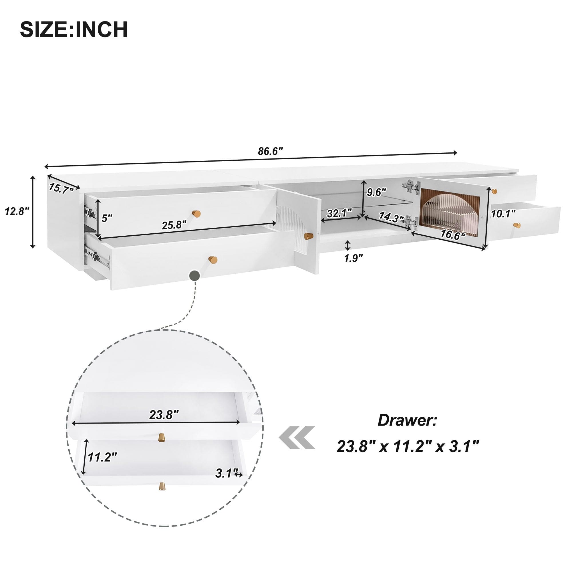 ON-TREND Luxurious TV Stand with Fluted Glass Doors, Elegant and Functional Media Console for TVs Up to 90'', Tempered Glass Shelf TV Cabinet with Multiple Storage Options, White