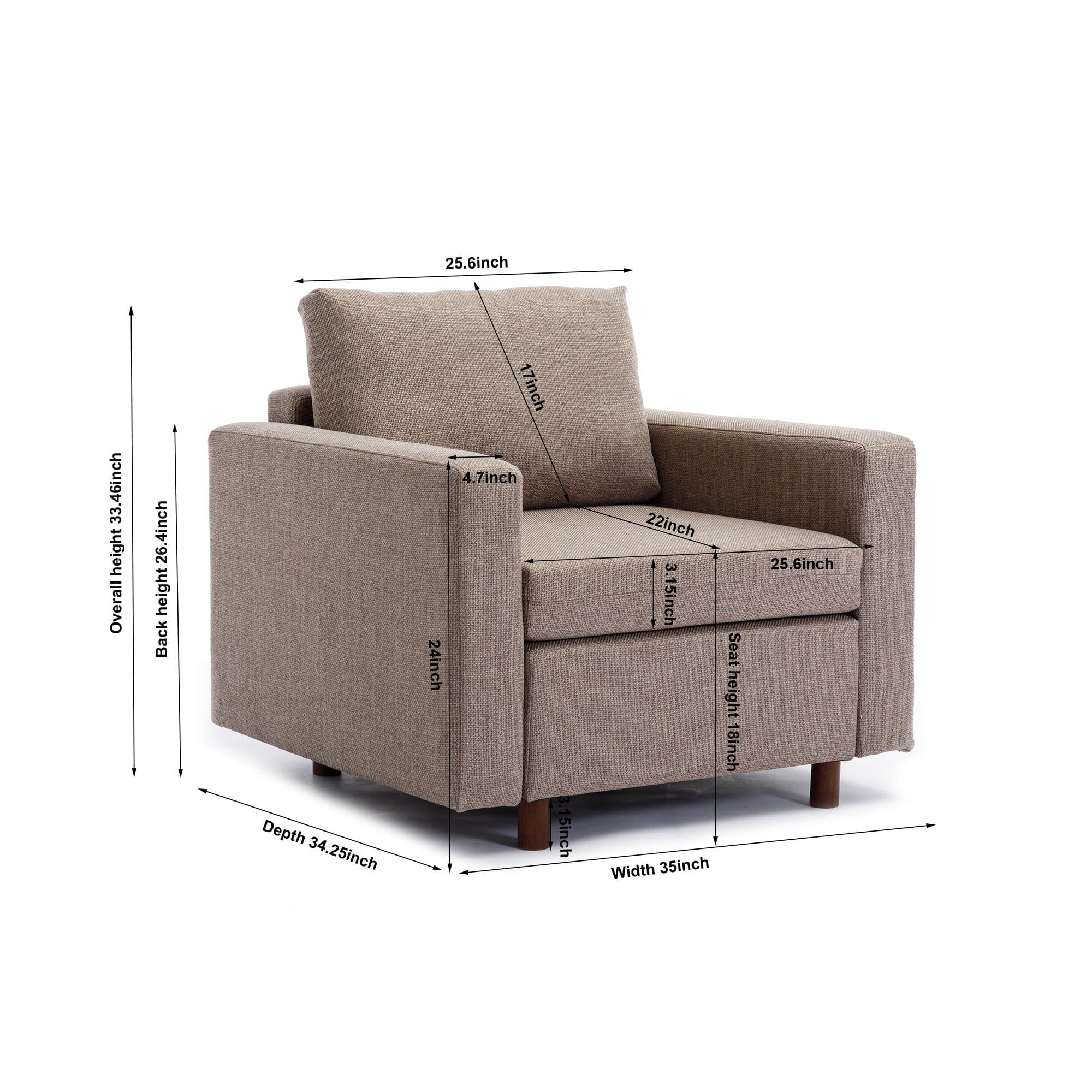 Single Seat Module Sofa Sectional Couch,Cushion Covers Non-removable and Non-Washable,Linen fabric and comfy cushion wood legs,Brown