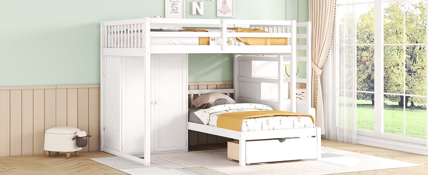 Full Over Twin Bunk Bed with Wardrobe, Drawers, White