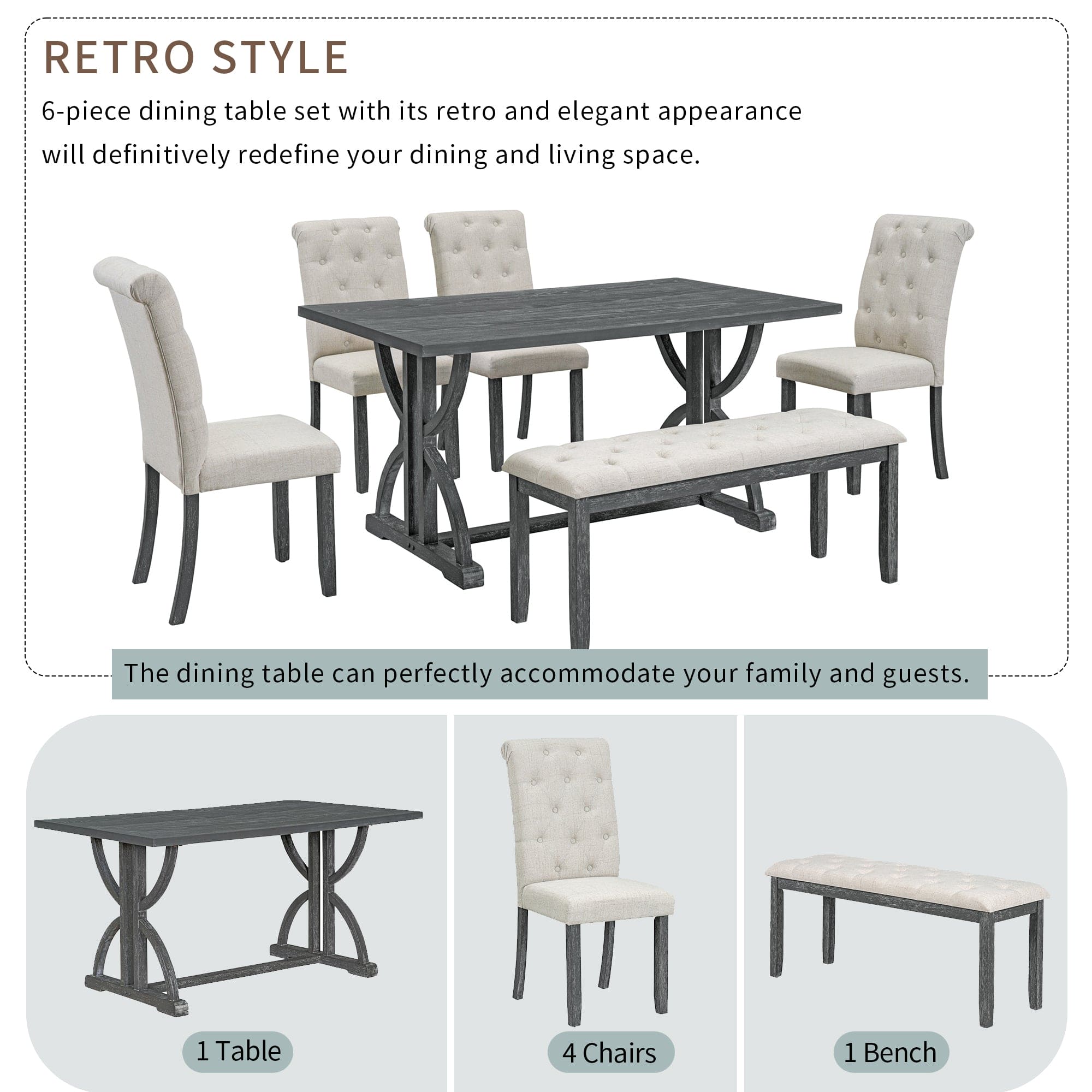 TREXM 6-Piece Retro Rectangular Dining Table Set, Table with Unique Legs and 4 Upholstered Chairs & 1 Bench for Dining Room and Kitchen (Gray Wash)