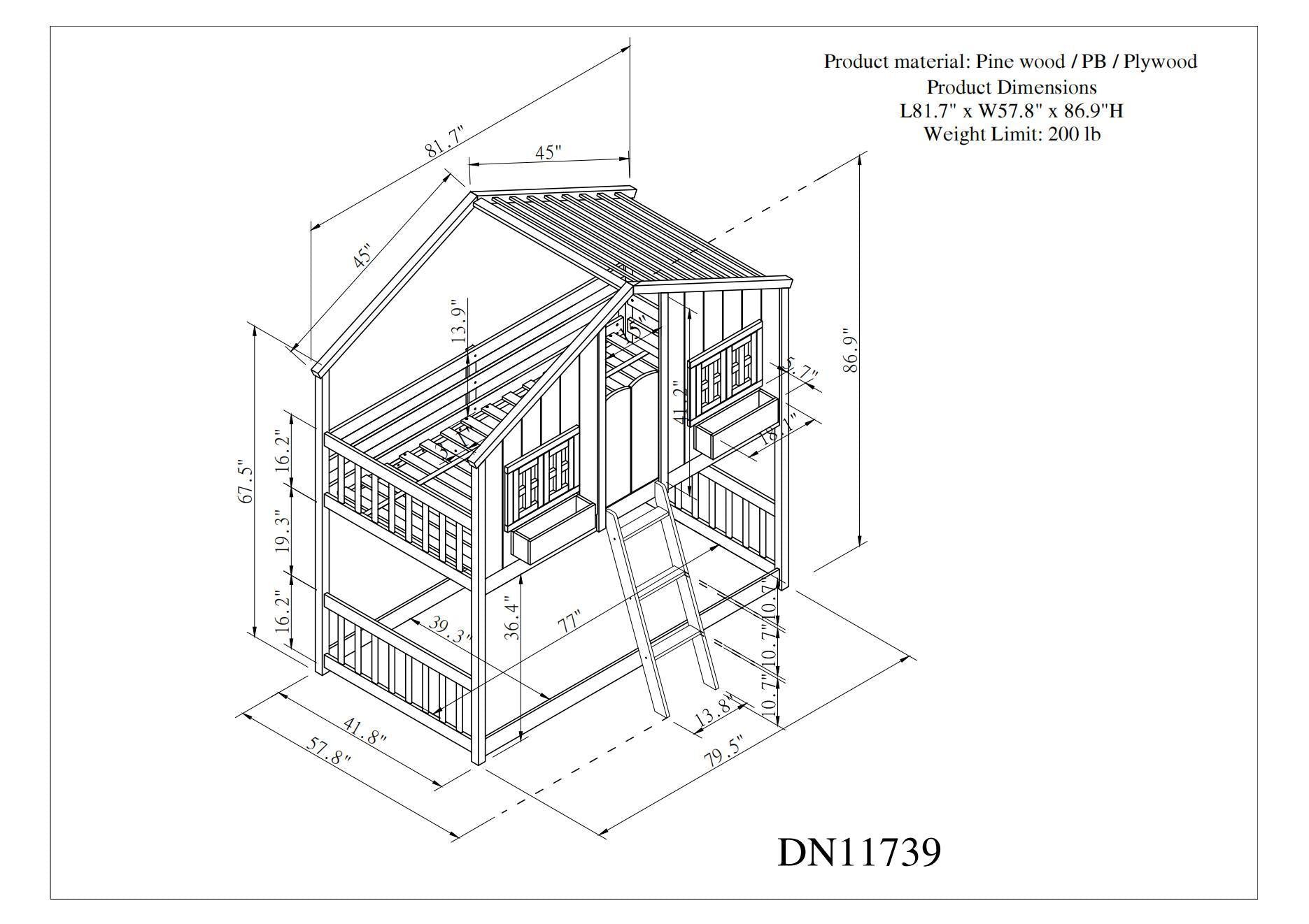 Twin over Twin House Bunk Bed with Roof , Window, Window  Box, Door , with Safety Guardrails and Ladder, Grey