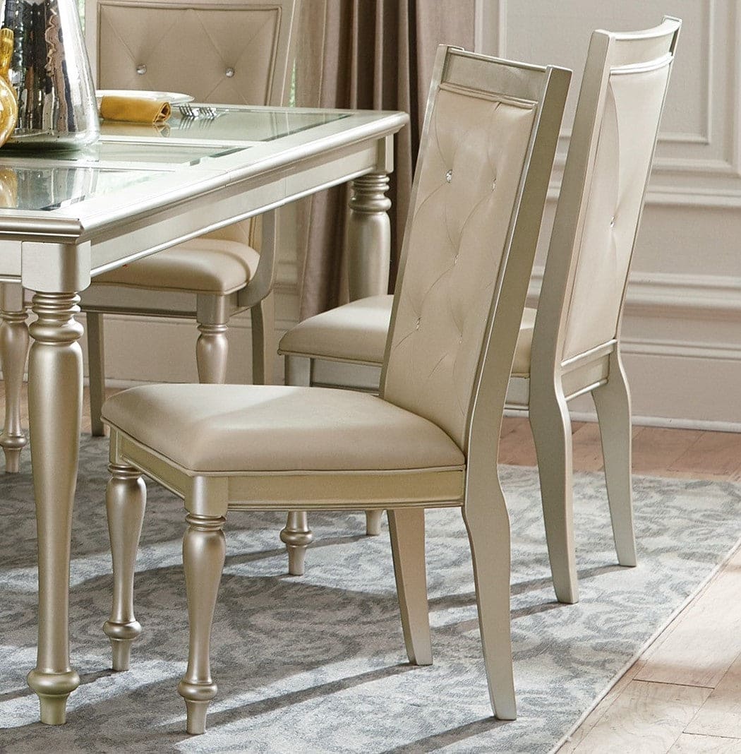 Traditional Design Formal Dining 7pc Set Table w Extension Leaf 2 Armchairs and 4 Side Chairs Crystal Button-Tufted Cushion Seat Silver Finish Furniture