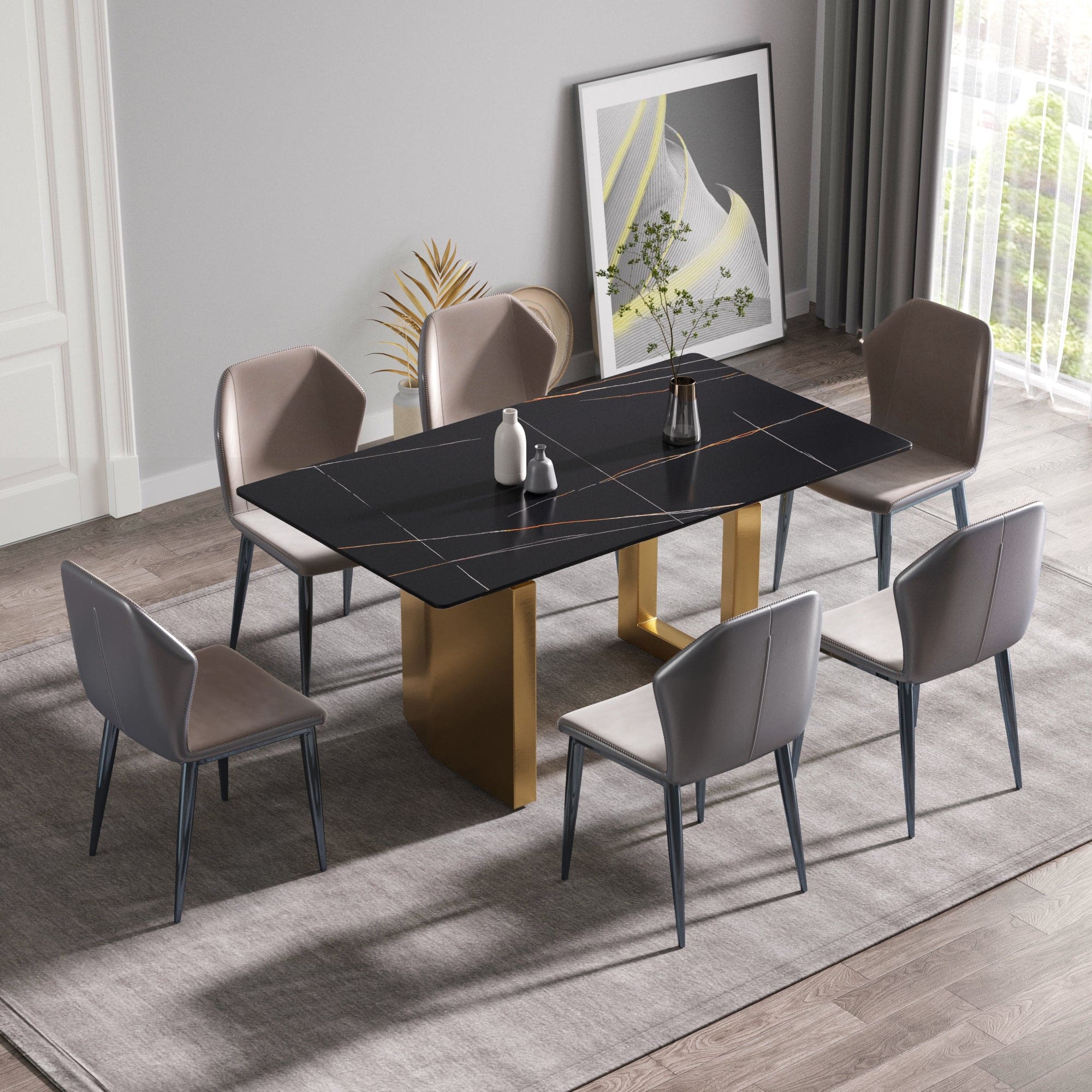 63"Modern artificial stone black straight edge golden metal leg dining table -6 people