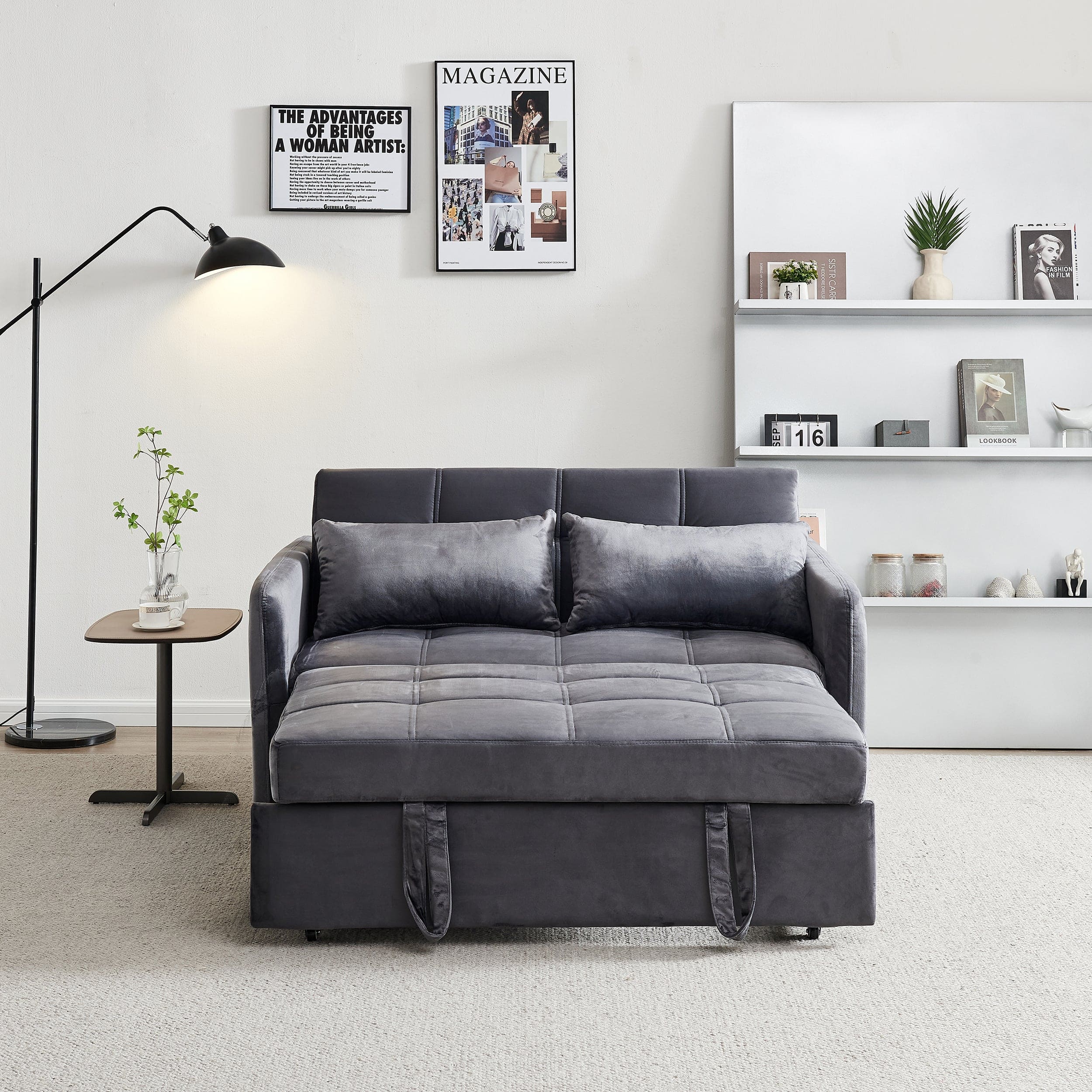 55.5" Twins Pull Out Sofa Bed  Grey Velvet