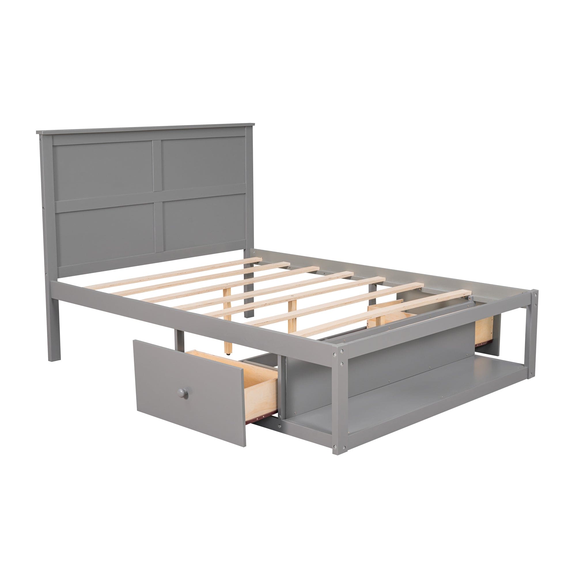 Full Size Platform Bed with Drawer on the Each Side and Shelf on the End of the Bed, Gray