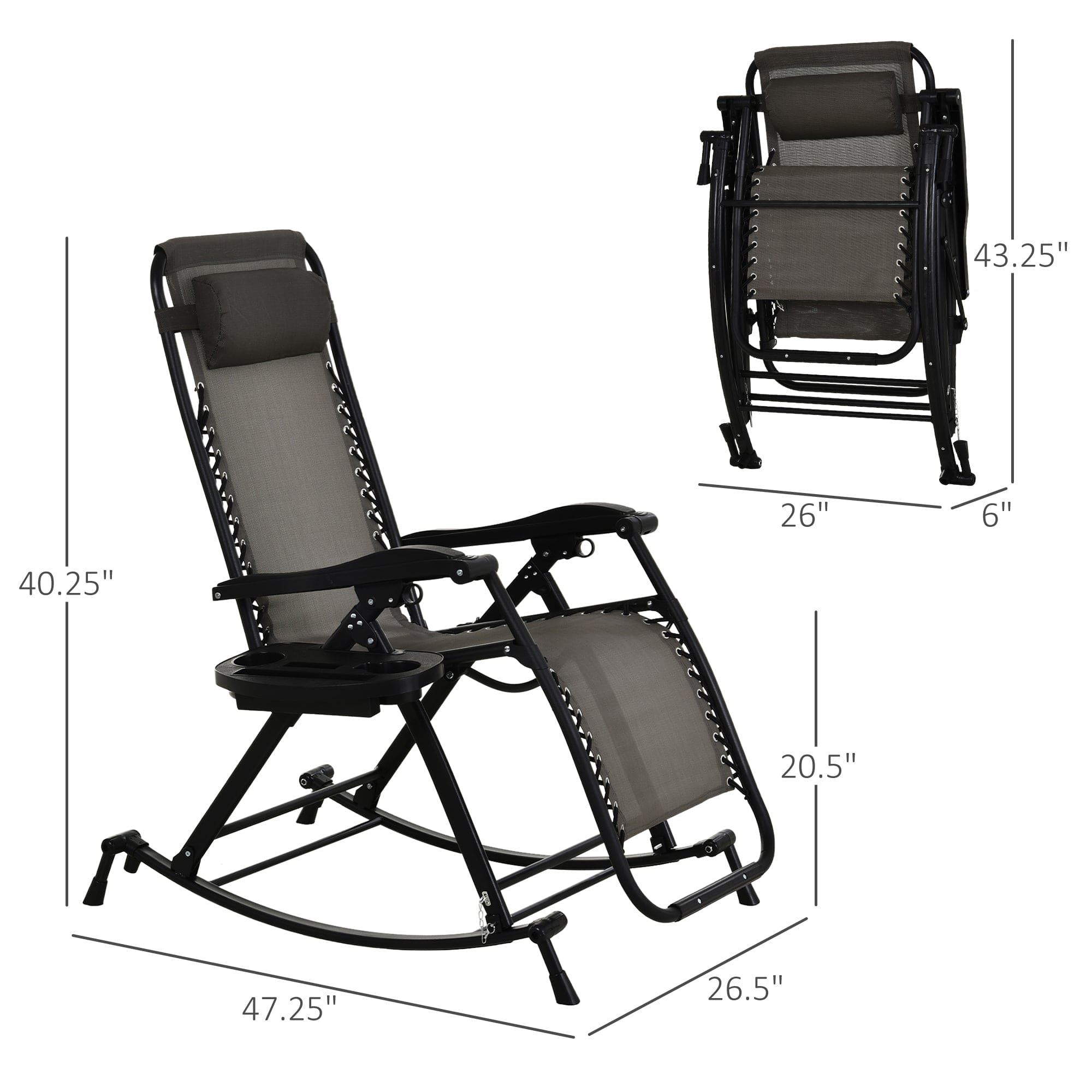 Outsunny Outdoor Rocking Chairs, Foldable Reclining Anti Gravity Lounge Rocker w/ Pillow, Cup & Phone Holder, Combo Design w/ Folding Legs, Gray