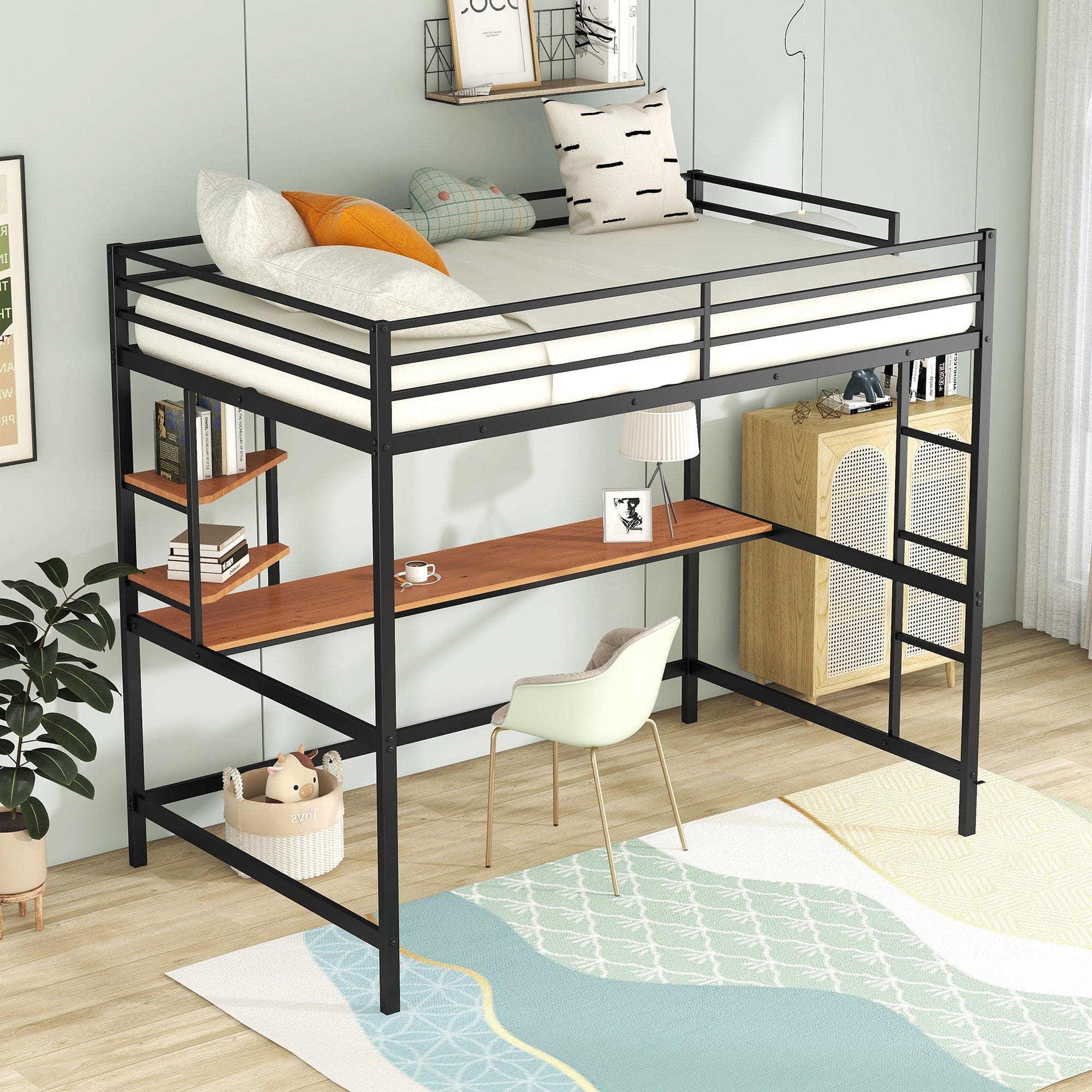 Full Metal Loft Bed with Desk and Shelve, Black